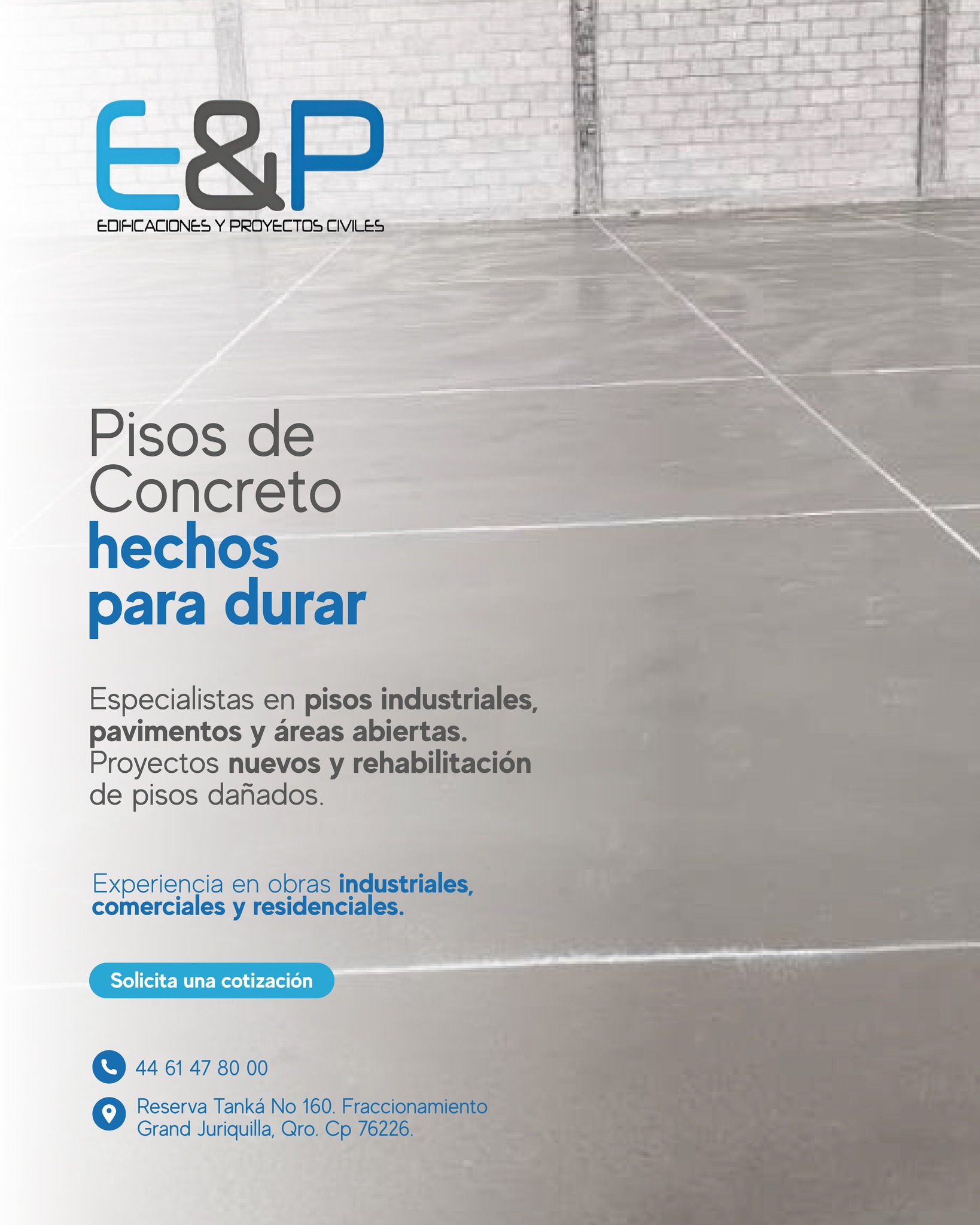 ¿Necesitas un piso de concreto que realmente aguante el ritmo de tu proyecto?
En E&P construimos pisos industriales, comerciales y residenciales diseñados para durar y soportar alto impacto.
🔹 Pavimentos
🔹 Áreas abiertas
🔹 Rehabilitación de pisos dañados
📩 Solicita tu cotización hoy mismo y asegura calidad desde el inicio.
📲 WhatsApp: 4461478000
☎️ Teléfono: 4461478000
📍Ubicación: https://maps.app.goo.gl/KgjxrQ2bYx79fjV58
📍 Reserva Tanká No. 160, Fracc. Grand Juriquilla, Qro. C.P. 76226
💼 E&P — Construimos el espacio donde crece tu industria.
#SolucionesIndustriales #InfraestructuraIndustrial #CalidadConstructiva #InstalaciónYMantenimiento #Queretaro #ConstrucciónIndustrial
