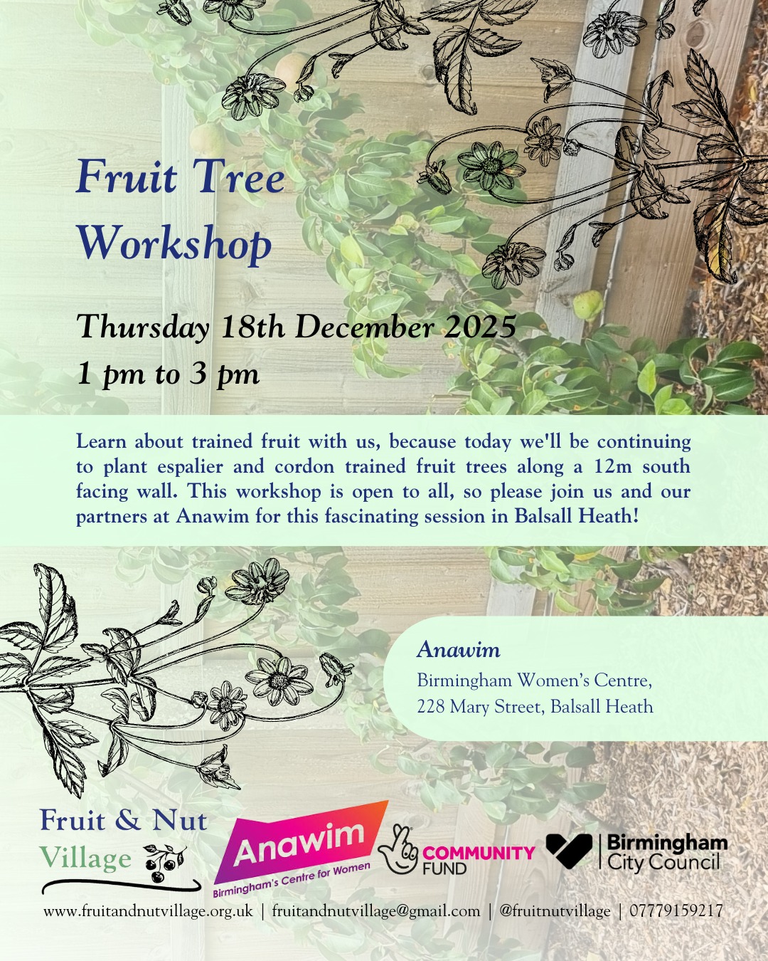 Fruit Tree Workshop!
Thursday 27th November 2025, 1 pm to 3 pm
Join us for a wonderful fruit tree workshop in #BalsallHeath, learn about #TrainedFruit with us, because today we will be preparing to plant #espalier and #cordon trained fruit trees along a twelve metre south-facing wall, at and with our partners' Anawim.
@anawim_bcw, 228 Mary Street, Balsall Heath, Birmingham