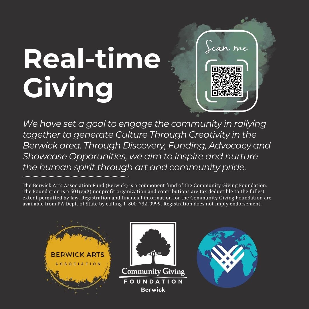 Giving Tuesday this year is December 2nd, 2025.
We invite you to join our journey to help make Berwick a better place through art. Share the news with family and friends. Stay connected with us on Instagram @berwick_arts_association and on Facebook, Berwick Arts Association, to follow our projects and progress. #GivingTue2025Dec2nd