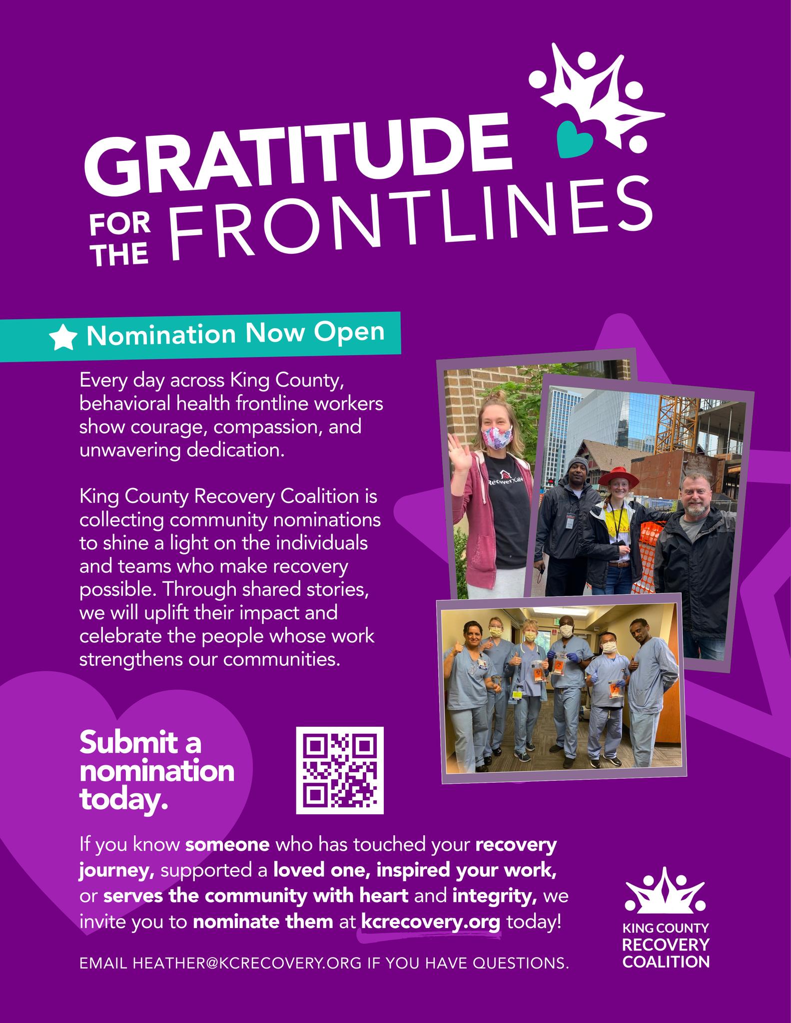 Every day, behavioral health frontline workers across King County show courage, compassion, and dedication. Now it’s our turn to lift them up.
KCRC is collecting community nominations to celebrate the individuals and teams who support recovery and strengthen our communities. If someone has impacted your life or your loved one’s journey, we’d love to help share their story.
Help us honor the people who make recovery possible.
💜 Nominate now! Go to kcrecovery.org