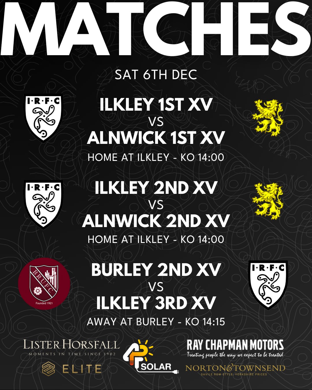 Your Ilkley matches for this weekend!
Stacks Field hosts the 1st XV and 2nd XV double header against Alnwick and our 3rd XV travel to Burley.
As always tune in to @drystone_radio for 1st XV commentary and please take note of the updated kick off times.
Good luck lads!
Saturday 6th December
Ilkley 1st XV vs Alnwick 1st XV - Home at Ilkley - League - KO 14:00
Ilkley 2nd XV vs Alnwick 2nd XV - Home at Ilkley - Friendly - KO 14:00
Burley 2nd XV vs Ilkley 3rd XV - Away at Burley - League - KO 14:15
#uptheilk #irfc #ilkley #100percentilk #COYD #rugby #ilkleyrugbyclub