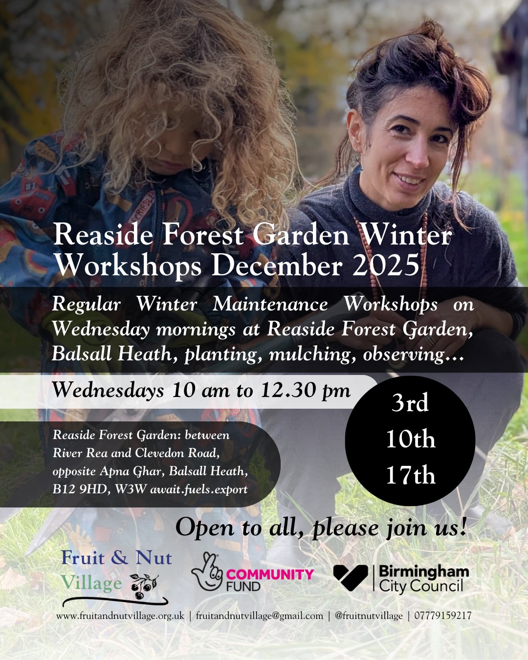 Reaside Forest Garden Winter Workshops! #December 2025
Join us at this incredible growing space in #BalsallHeath for our regular #winter #maintenance on Wednesday mornings, #planting, #mulching, #observing...
All sessions this month are from 10 am to 12.30 pm, on the 3rd, 10th, and 17th of December.
Reaside can be found between the River Rea and Clevedon Road, opposite our friends at Apna Ghar Day Centre.
Open to all - please join us for a fun morning outdoors!