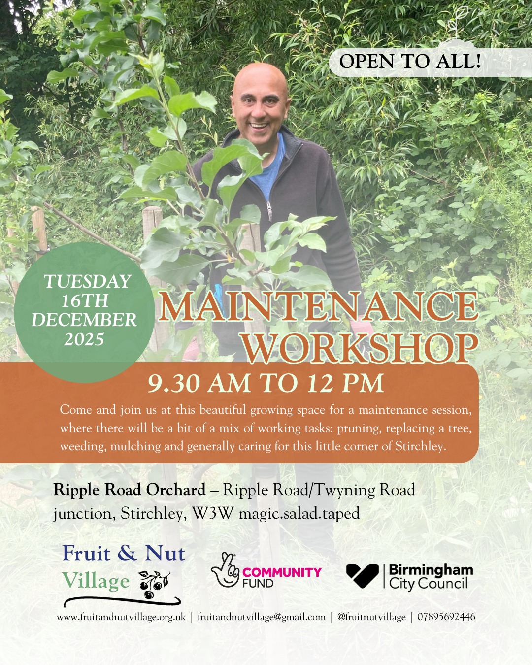 Maintenance Workshop
Tuesday 16th December 2025 - 9.30 am to 12 pm
Come and join us at this beautiful #growing #space for a #maintenance session, where there will be a bit of a mix of working tasks: #pruning, replacing a tree, #weeding, #mulching and generally caring for this little corner of #Stirchley at #RippleRoadOrchard.
Ripple Road Orchard – Ripple Road/Twyning Road junction, Stirchley, W3W magic.salad.taped