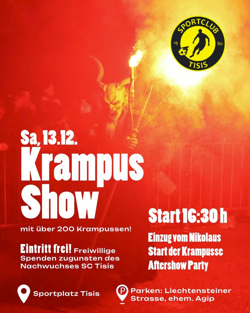 🔥 Nächsten Samstag ist es endlich soweit - die legendäre #Krampus-Show des SC Tisis startet! 🔥
Über 200 Krampusse werden euch das Gruseln lehren! 😈🎉
Vorbei kommen lohnt sich! 🔥
📅 13.12.2025
📍 Sportplatz Tisis
🅿️ Parken: Liechtensteiner Straße (ehem. Agip)
🎟 Eintritt frei – freiwillige Spenden kommen dem #Nachwuchs des SC Tisis zugute ❤️⚽
#wirsinddietisner🖤💛 #gemeinsamstark #sctisis #Fußballliebe #Fußball #NurDerSC #Vorarlberg