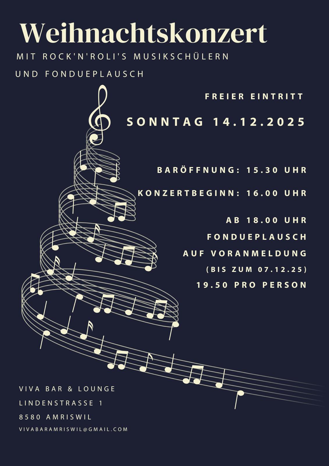 ‼Rock'N'Roli's Weihnachtskonzert 2025‼
Mit anschliessendem Fondueplausch GEGEN VORANMELDUNG beim VIVA-Team!
Unsere Musikschüler spielen die allerbesten Weihnachtshits von:
- Shakin' Stevens
- The Monkees
- Caravan Palace
- KPop Demon Hunters
- Bon Jovi
- Guns'N'Roses
und vielen mehr! Kommet vorbei und frohlocket.
Eure Rock'N'Roli und Schüler!
www.rocknrolis.ch
#ChristmasRock #weihnachtskonzert #vivabarlounge #rocknrolismusikshop #amriswil #gitarre #gitarrelernen #gitarrelernenfetzt