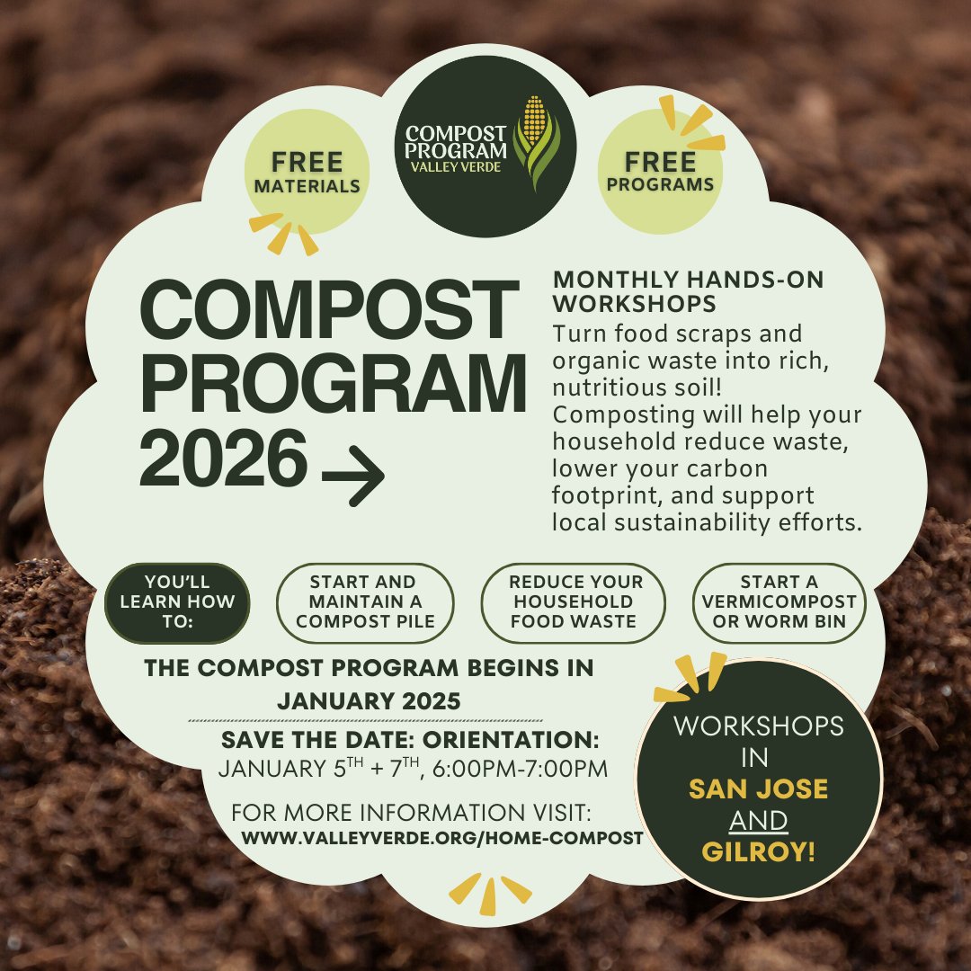 🌱 Time to get your hands dirty! 🌱
Sign up for our FREE Compost Program! You’ll get hands-on workshops, key educational resources, and you'll walk away with your very own Compost Bin or Worm Bin to start composting at home! We also have a compost program - Gilroy cohort! If you're in Gilroy and want to learn more about composting, apply today!
📅 Workshops begin January 2026. Apply here: https://forms.gle/PSMoGynG8Ltt1CLm6
Mark your calendar: Our virtual Orientation Info Sessions are January 5th and 7th. You must submit your application ASAP to receive the meeting link! Please join if you would like to learn more about the program, or if you have already signed up. We will cover program expectations and benefits!
🔗 Check out our Linktree in our bio for more info and other programs offered at Valley Verde!
#Composting #FoodWaste #FreeProgram #GardenLife #ValleyVerde #sanjose