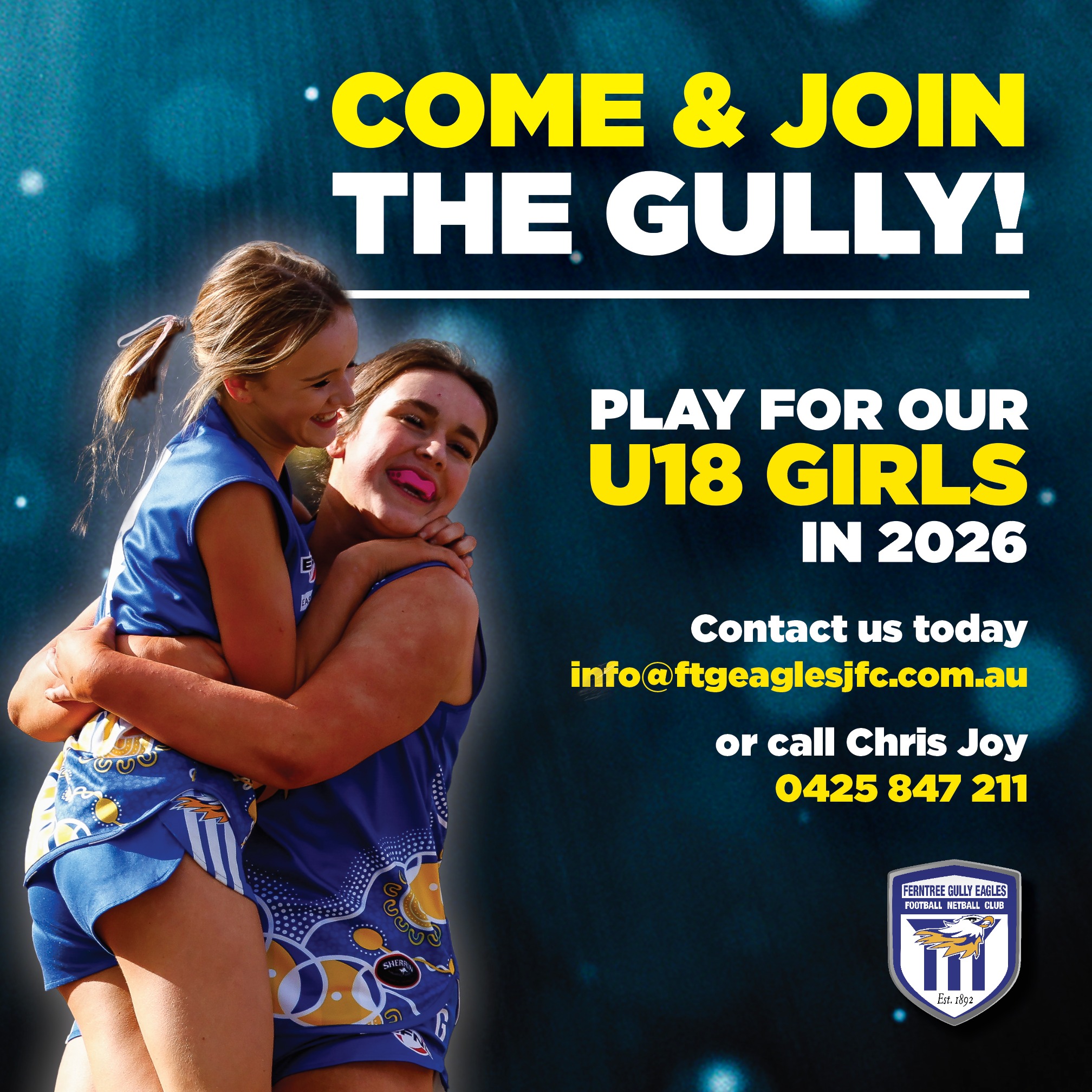 PLAYERS WANTED | Ferntree Gully Eagles Football and Netball Club - Junior Division
The Ferntree Gully Under 18 Girls team have a few extra spots to fill for the 2026 season.
The club is welcoming all new players, including girls wanting to try footy for the first time.
Pre-Season Training details below:
When: Wednesday December 3rd & December 10th
Where: Wally Tew Reserve
Time: 5.30 - 7pm