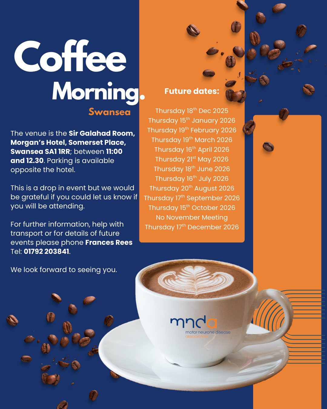 Looking for support, a friendly chat and a warm cuppa? Join us at our upcoming MND South West Wales coffee mornings. It's a wonderful opportunity to connect with others in the community, share experiences, and find support in a relaxed setting.
We would love to see you at one of our get-togethers:
Bridgend
Swansea
Neyland
Come along for a chat and a biscuit. Everyone is welcome.
#MNDSupport #MNDCommunity #SouthWestWales #Bridgend #Swansea #Neyland #MotorNeuroneDisease #MNDAwareness #CoffeeMorning #CommunitySupport #Wales #CharityEvent #MakingADifference #YouAreNotAlone #MNDFamily