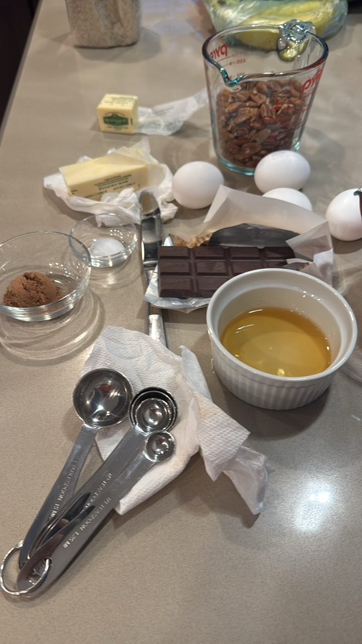 Chocolate Pecan Pie, anyone!?!
With Danielle’s famous rolled pie crust, there was enough extra dough for another pie but no time/energy to bake it on Thursday, so… here goes. Check in later to see its deliciousness at the end!