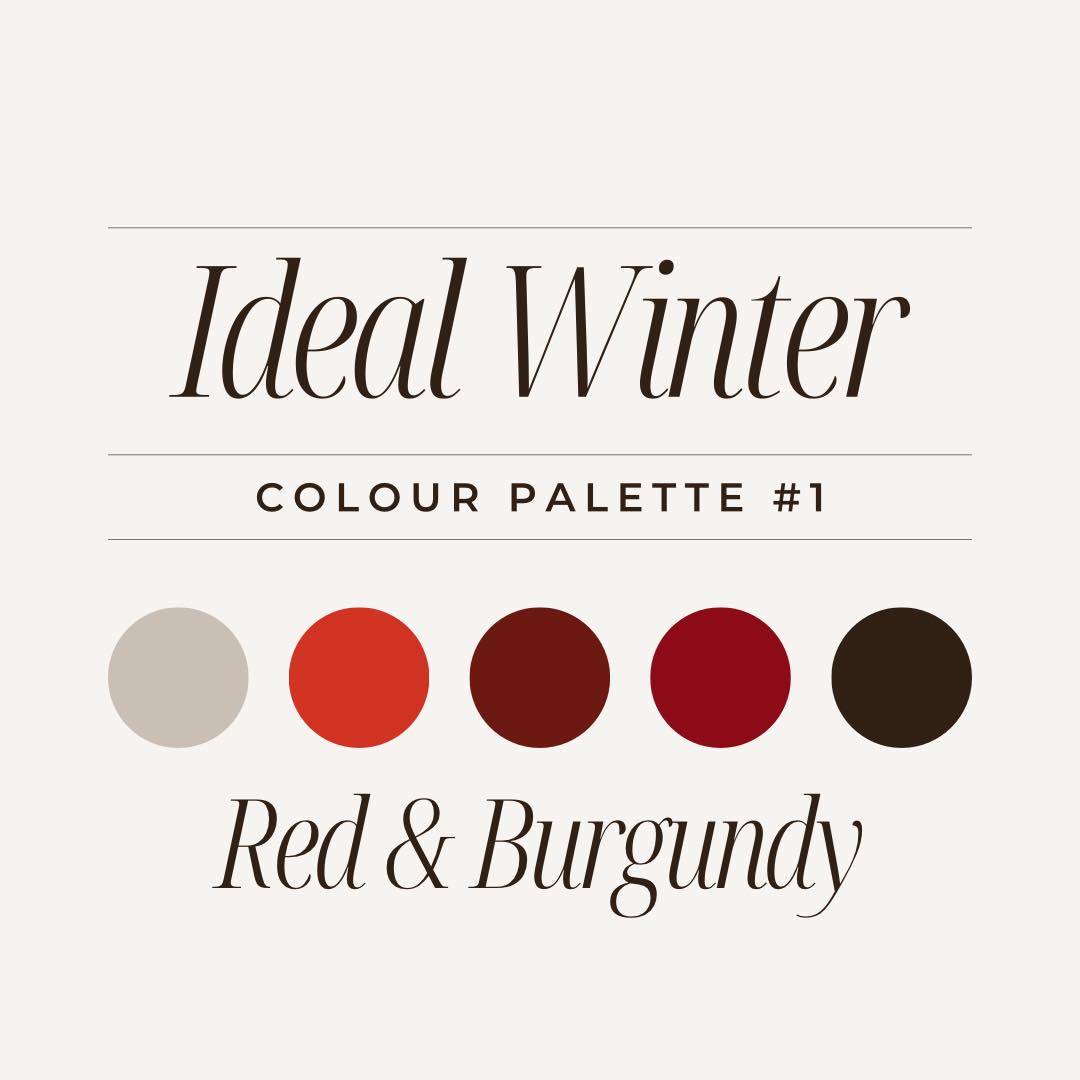 Since everyone loved the colour palette series for Autumn, I decided to share some inspirational palettes for Winter!
My favourite colour palette in the Winter (or really any season), features red and burgundy tones! They are universally flattering (if you pick the right undertones for your skin tone), look phenomenal against the snow, and provide a pleasing pop of colour when there is very little to be found in your background. And if you choose a location with evergreens, the red and burgundy tones create some stunning contrast! And as I’ve said in every.single.post, these colours pair so good with all denim washes as well as khaki and black bottoms!
