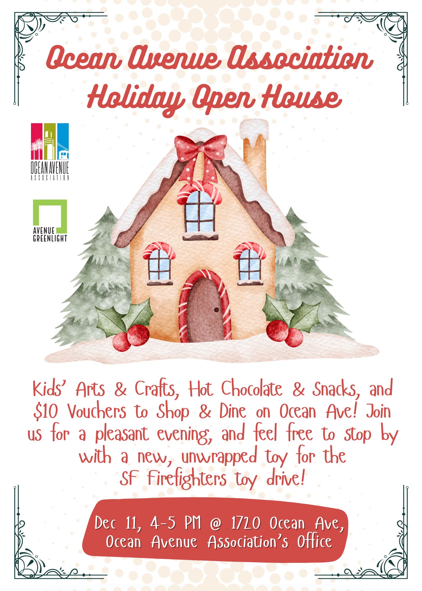 ❄️🌟Ocean Avenue Association is hosting a Holiday Open House on Thursday, December 11, from 4–5 PM at 1720 Ocean Ave. Families and neighbors are invited to stop by for kids’ arts and crafts, hot chocolate, and light snacks. Attendees can also pick up a $10 voucher to shop and dine at participating small businesses along the corridor.
The SF Firefighters Toy Barrel will be available at our office, and community members are encouraged to bring a new, unwrapped toy to support the Toy Barrel Drive. All are welcome to drop in, enjoy the holiday atmosphere, and connect with the local community. ❄️🎄🎁
#oaacbd #oceanavesf #ingleside #community #communityevent #happyholidays
