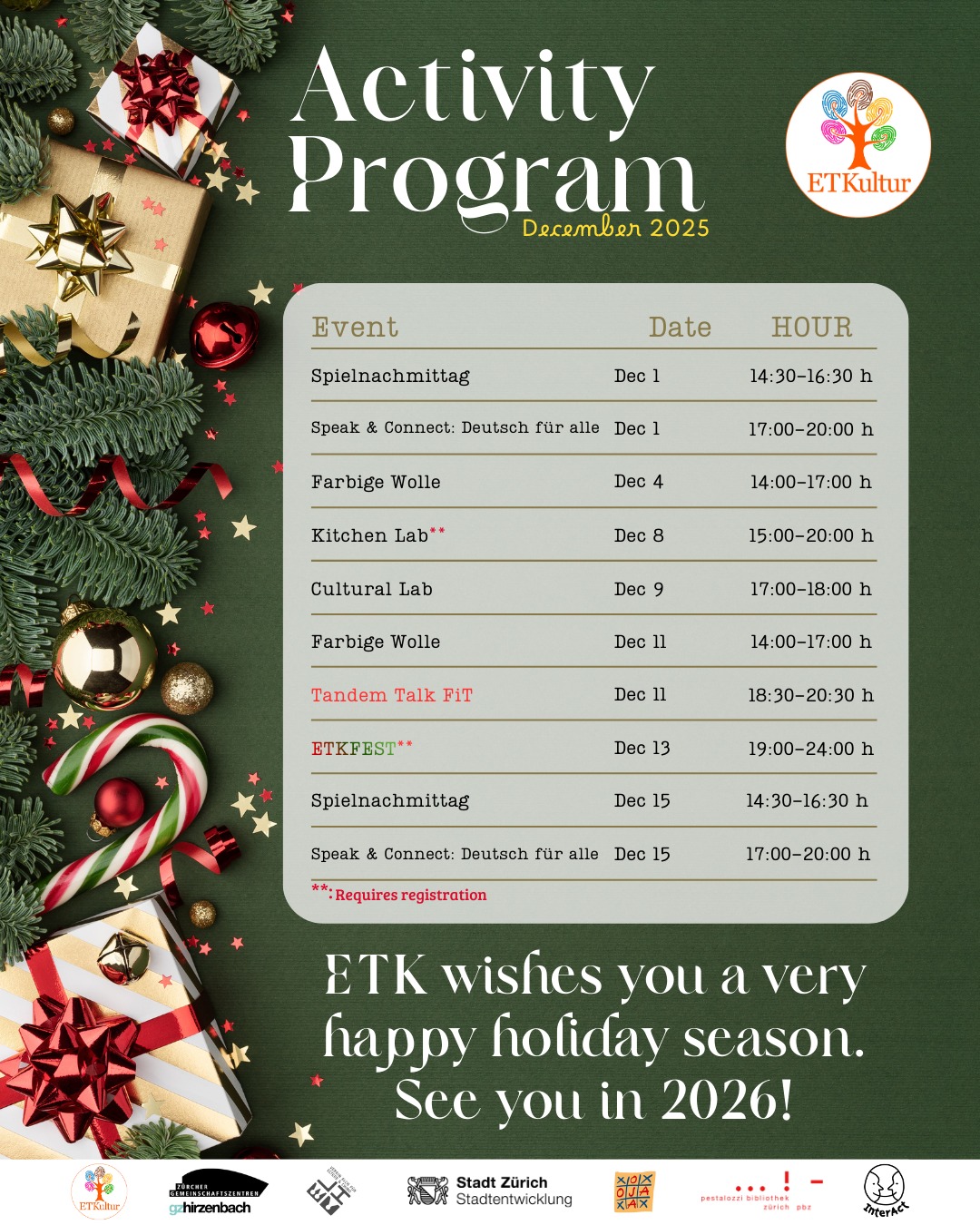 Here’s our final program of the year!
As we close 2025, we invite you to enjoy our December activities, moments to connect, create, and celebrate together before the winter break.
Thank you for being part of this beautiful community. After our winter pause, we’ll be back in 2026 with fresh energy and many exciting things to come.
Swipe through the flyers and join us for the last events of the year!
----
Aquí está nuestro último programa del año
Mientras cerramos el 2025, te invitamos a disfrutar de nuestras actividades de diciembre con espacios para conectar, crear y celebrar juntos antes de la pausa invernal. Gracias por ser parte de esta hermosa comunidad. Después de nuestra pausa de invierno, regresamos en 2026 con toda la energía y muchas sorpresas más.
Desliza para ver los flyers y acompáñanos en los últimos eventos del año.
----
Hier ist unser letztes Programm des Jahres
Zum Abschluss von 2025 laden wir euch ein, an unseren Dezember-Aktivitäten teilzunehmen, Momente zum Verbinden, Kreieren und gemeinsamen Feiern vor der Winterpause. Danke, dass ihr Teil dieser wunderbaren Community seid. Nach der Winterpause sind wir 2026 wieder da, mit neuer Energie und vielen spannenden Plänen.
Swipe durch die Flyer und seid dabei bei den letzten Events des Jahres!