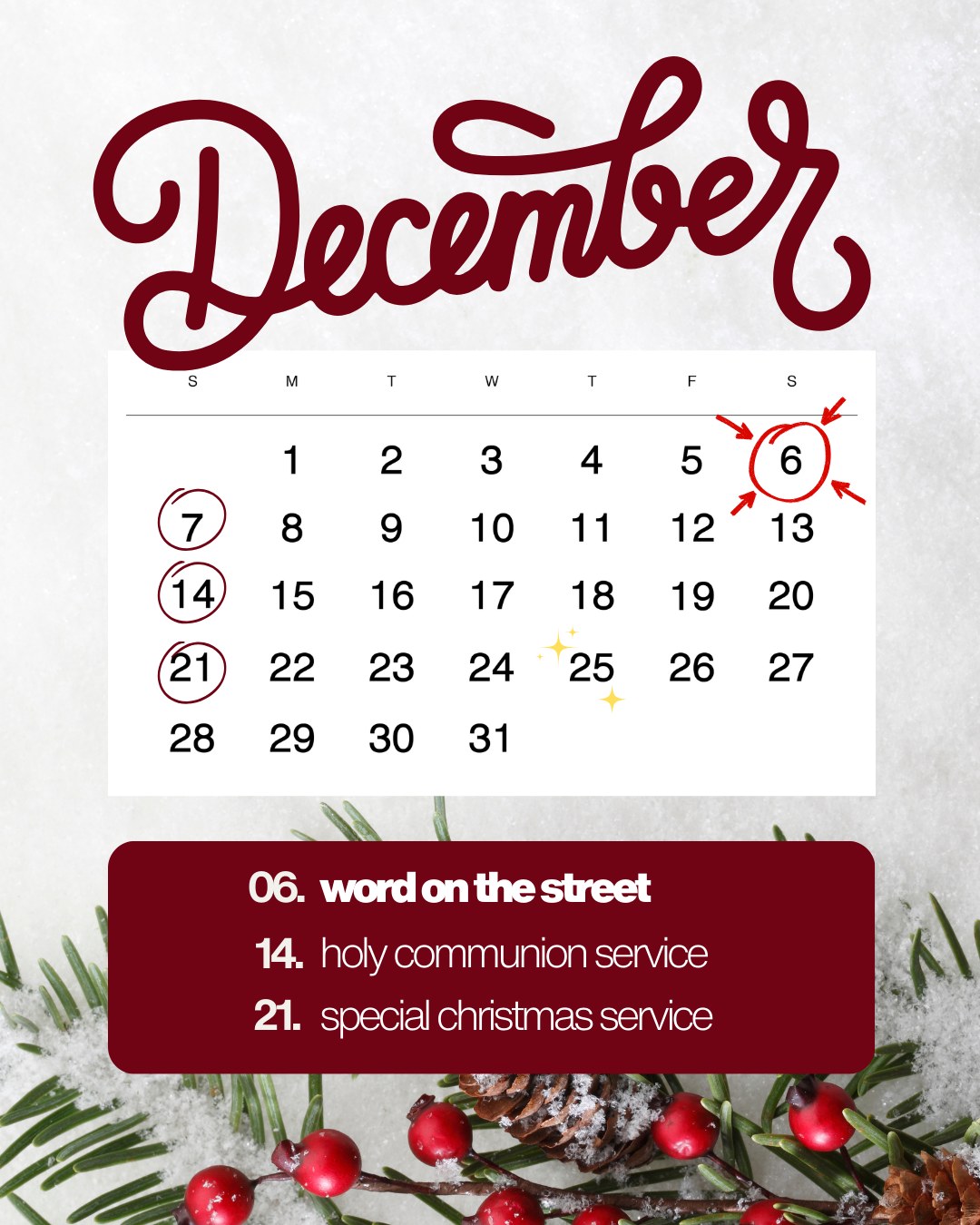 December is packed, and our two major events are coming fast. 🔥
WORD ON THE STREET — Saturday 06.12, 12pm
City Botanic Gardens.
Family and youth day with sports comps, free food, and over $5000 in prizes! Make sure you're following @wots.aus for updates 🙏
Holy Communion — 14.12
Special Christmas Service — 21.12
This is our final service for the year and a major celebration of the season.
Closure dates:
No services 28.12 or 04.01
We return 11.01.26
Share and save so you don't miss anything 👌