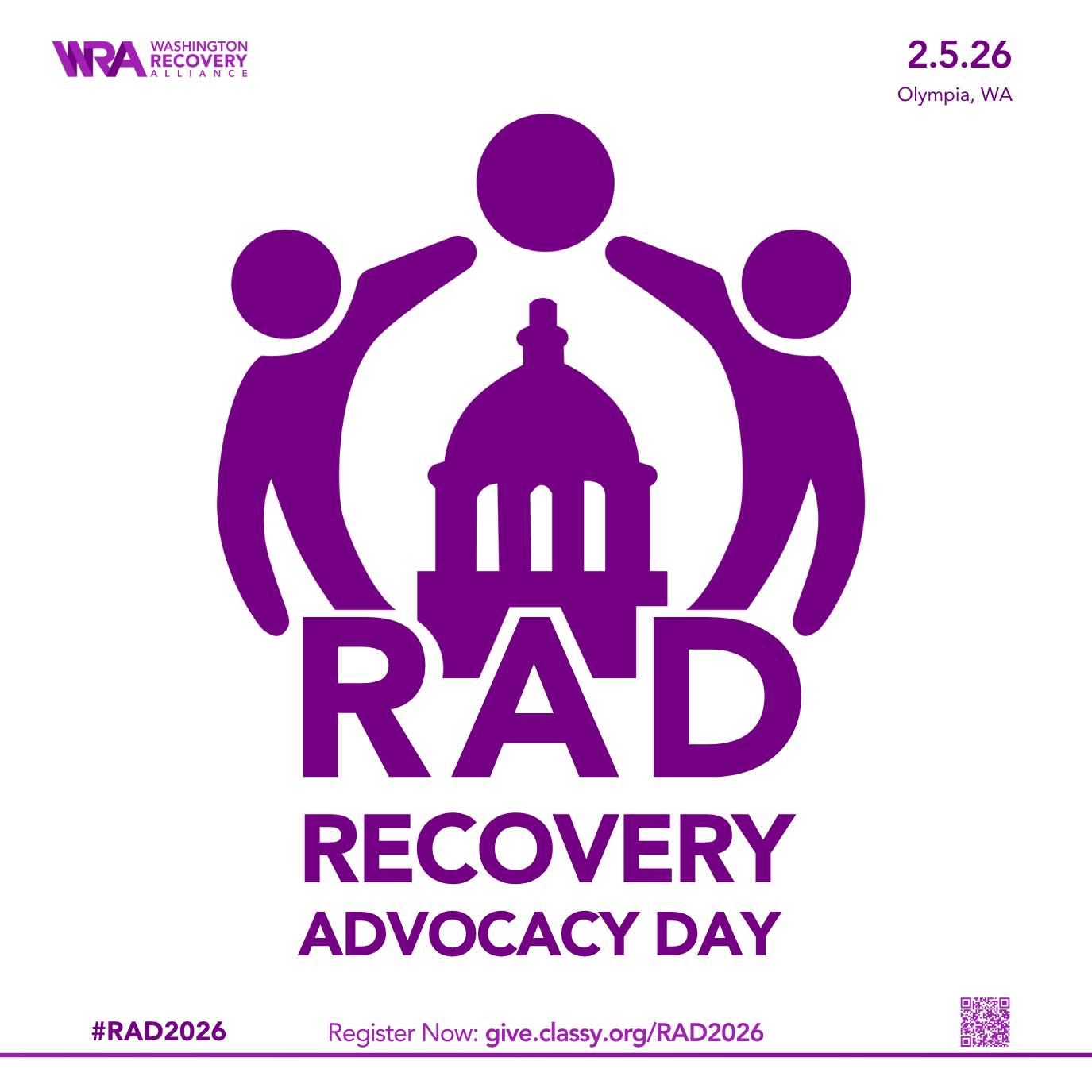 Every year, hundreds of people from across Washington come together in Olympia to meet with lawmakers, share lived experience, and shape the policies that impact our communities. RAD is where recovery voices are heard and change begins.
Be part of the movement. Bring your friends, colleagues, your family, and your story. This is your opportunity to stand alongside the statewide recovery community and make an impact.
Recovery Advocacy Day is February 5, 2026
Washington State Capitol – Olympia
Register now: give.classy.org/RAD2026 #Rad2026 #RAD26