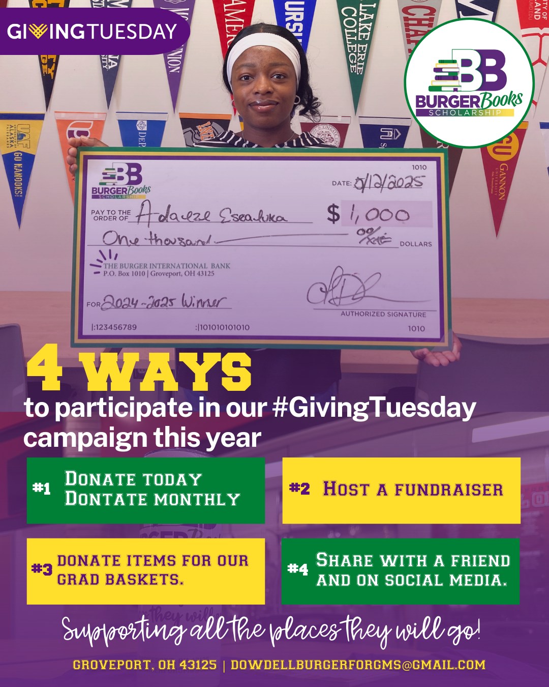 🎁 Happy Giving Tuesday from Burger Books! 📚✨
Today is the day to make a BIG difference for students in our community! We are kicking off our Burger Books Scholarship Fund** drive with a goal of raising $6,000! 🎯💸
We want to celebrate the incredible Grit and Determination shown by Graduating Groveport Madison High School on their journey! 🎓💪
Here’s where your donation goes: 📚💰🎓💜💛💚🚀
🏆 One deserving student will receive a $1,000 scholarship (college or trade school)! Future dreams, HERE WE COME! 🚀
🧺 EVERY single student who applies will receive a Graduation Basket valued at $250! A little something extra for the road ahead! 🎉
Help us support these amazing young scholars on all the wonderful places they will go! 🌍💫
Tap the link (in bio) to donate to our scholarship or purchase an item on our Grad Basket Gift Registry link, and join the Burger Books family in fostering education and success! 🙏💜
#GivingTuesday #burgerbooksscholarship #groveportmadison #groveport #gritanddetermination #SupportStudents #EducationMatters #giveback #scholarshipfund #CommunityLove #FutureLeaders #donatenow