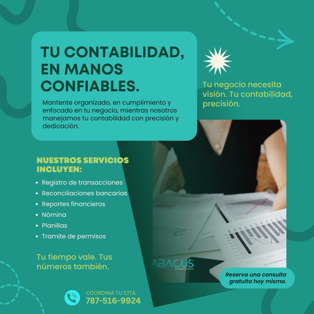 📊 ¿Necesitas orden en tus finanzas?
Tu tiempo es valioso. Nosotros nos encargamos de tu contabilidad, nómina, IVU y planillas para que puedas enfocarte en lo importante: tu negocio.
✅ Precisión
✅ Cumplimiento
✅ Tranquilidad
📆 Coordina tu cita hoy mismo.