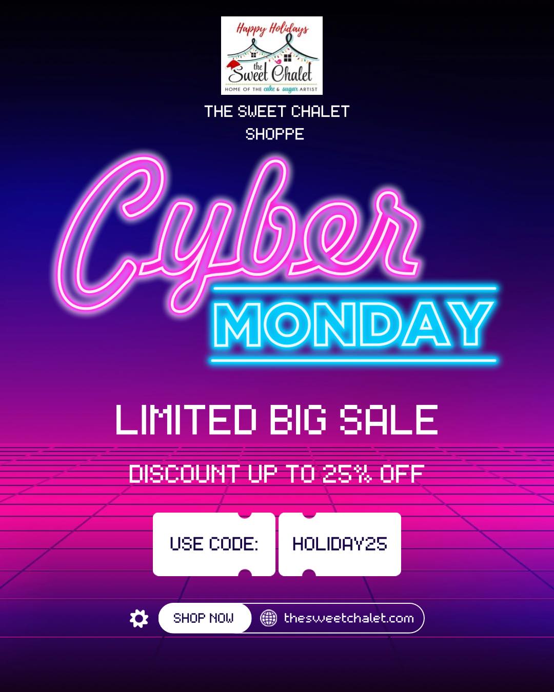 Still time to shop! 25% off mayor brands! Code: HOLIDAY25
Shop now at https://thesweetchaletshoppe.ecwid.com/ #florida #saving #deals #cyber #Monday #cybermonday #CyberMonday #ᴄʏʙᴇʀᴍᴏɴᴅᴀʏ #thesweetchaletshoppe #thesweetchalet #ediblecolor #chocolate #colors #chocolatecolors #chocolatecolors26 #chocolatecolorsaree