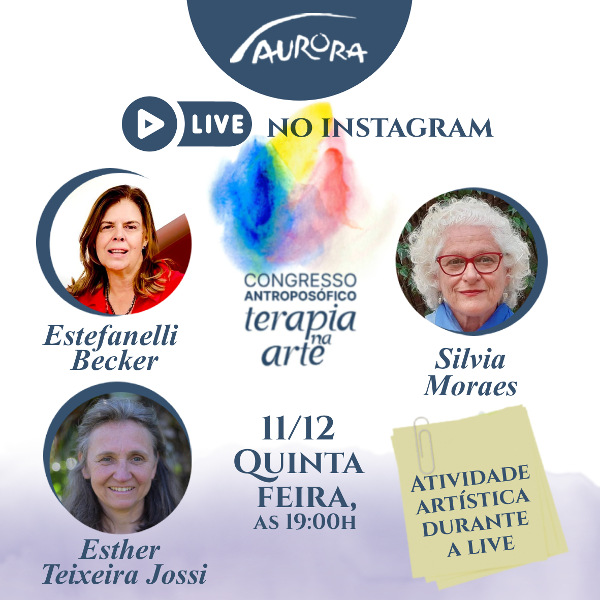 No dia 11/12 (quinta-feira), às 19h, teremos uma conversa inspiradora com Estefanelli Becker, Esther Teixeira Jossi e Silvia Moraes sobre os caminhos da terapia artística e os aprendizados do Congresso.
E tem mais: durante a live, faremos uma atividade artística ao vivo. Uma pintura simples, sensível e conectada à infância de cada um — em giz, lápis de cor ou aquarela.
🧰 Materiais necessários:
• Papel A4
• Giz colorido ou lápis de cor ou aquarela e pincel
Vem viver essa experiência com a gente e saber mais sobre a experiência vivida no Congresso!💜✨