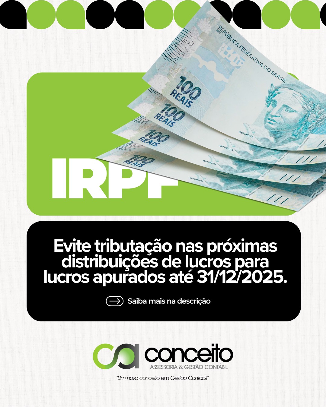 ⚠️ ULTIMA CHAMADA! Proteja seu lucro: distribua dividendos antes de 31/12/2025.
Se você tem lucros acumulados na sua Pessoa Jurídica (PJ), este é o momento mais urgente para agir. Os lucros apurados até 31 de dezembro de 2025 ainda podem ser distribuídos aos sócios com isenção total de Imposto de Renda (sob as regras atuais).
O risco iminente: a Reforma Tributária propõe a taxação de dividendos, e, embora a regra final ainda esteja em debate, a recomendação contábil é clara: proteja seus lucros já adquiridos. A distribuição após o prazo limite pode sujeitar o valor a novas regras e custos.
Seu lucro já é seu: o dinheiro acumulado na PJ até o fim deste ano é seu e tem o direito de ser distribuído sem tributação. O que precisa ser feito é a formalização da transferência do lucro para a conta Pessoa Física do sócio.
Ação obrigatória: para garantir a segurança fiscal, é essencial que seu contador realize o fechamento do balanço de 2025 e formalize a distribuição dos dividendos. Sem o registro contábil e as atas necessárias, a Receita Federal pode questionar a natureza do valor transferido no futuro.
Não deixe seu lucro na PJ esperando por uma nova regra! Faça o planejamento de fim de ano agora e proteja seu patrimônio.
Quer proteger seus lucros acumulados e garantir a isenção tributária? Fale agora com a Conceito! Clique no link da bio e solicite seu planejamento de distribuição de lucros antes da virada do ano.
#DistribuicaoDeLucros #Dividendos #IRPF #ReformaTributaria #LucroIsento #PlanejamentoFiscal #PJ #Deadline2025 #ContabilidadeEstrategica #ConceitoContábil