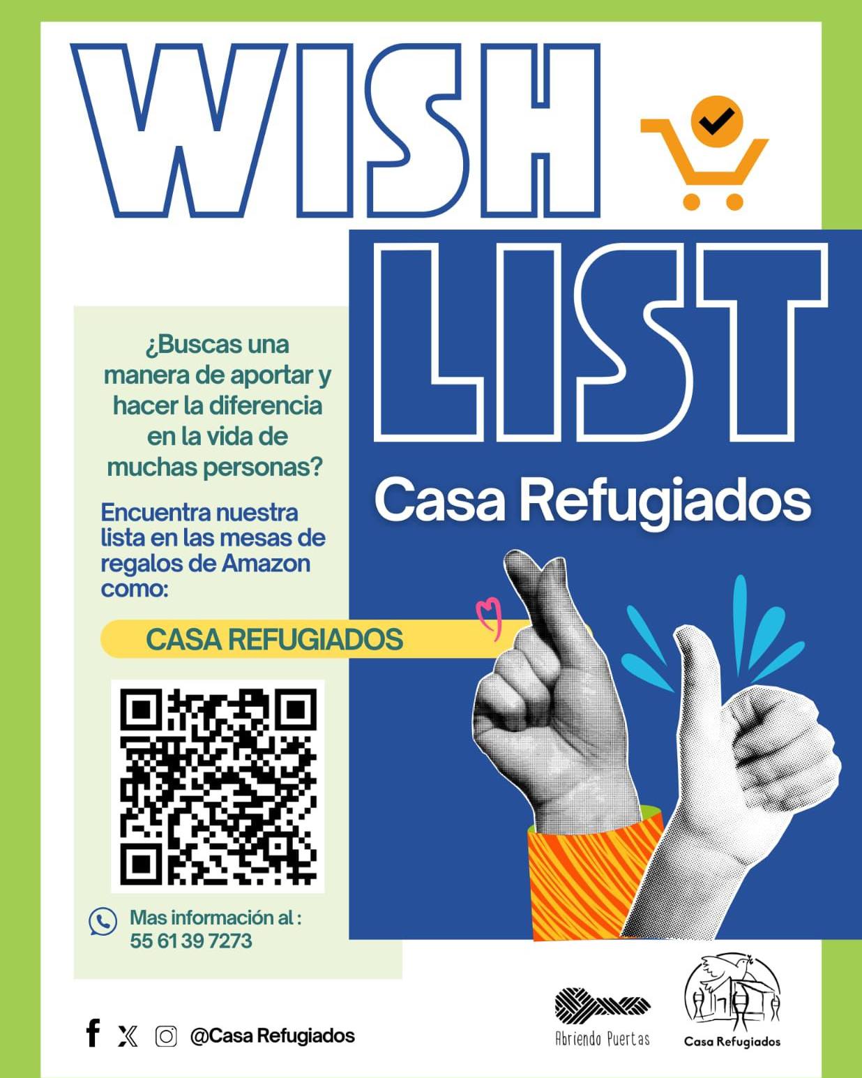 🎁 Esta temporada, tu solidaridad puede cambiar un día entero para una familia en movilidad.
Recuerda que está disponible la Wish List de Casa Refugiados, un espacio donde podrás encontrar los artículos que más necesitamos para acompañar con dignidad a quienes llegan buscando protección y un lugar seguro para comenzar de nuevo.
Cada aporte hecho con solidaridad, llena de esperanza para las personas que acompañamos todos los días.
🧡 Gracias por sostener este trabajo con nosotras y nosotros.
https://www.amazon.com.mx/registries/gl/guest-view/20KFZXR7GNS09
