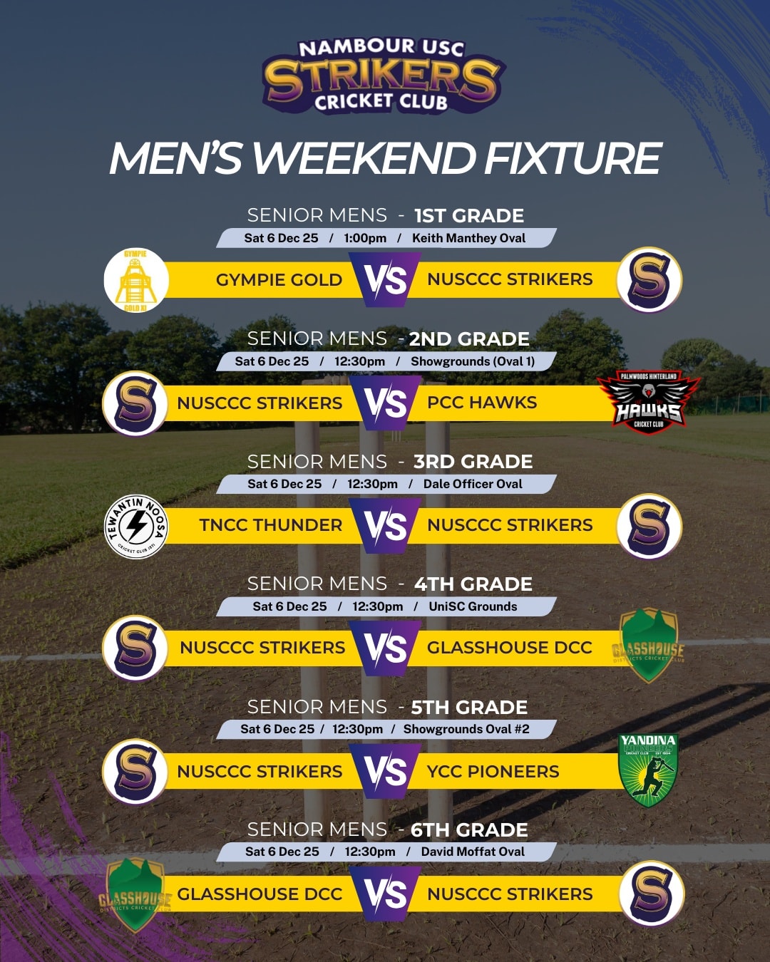 Fixtures for Strikers cricket this weekend 🏏
👉 Swipe to see the junior’s & women’s fixtures! #strikersspirit