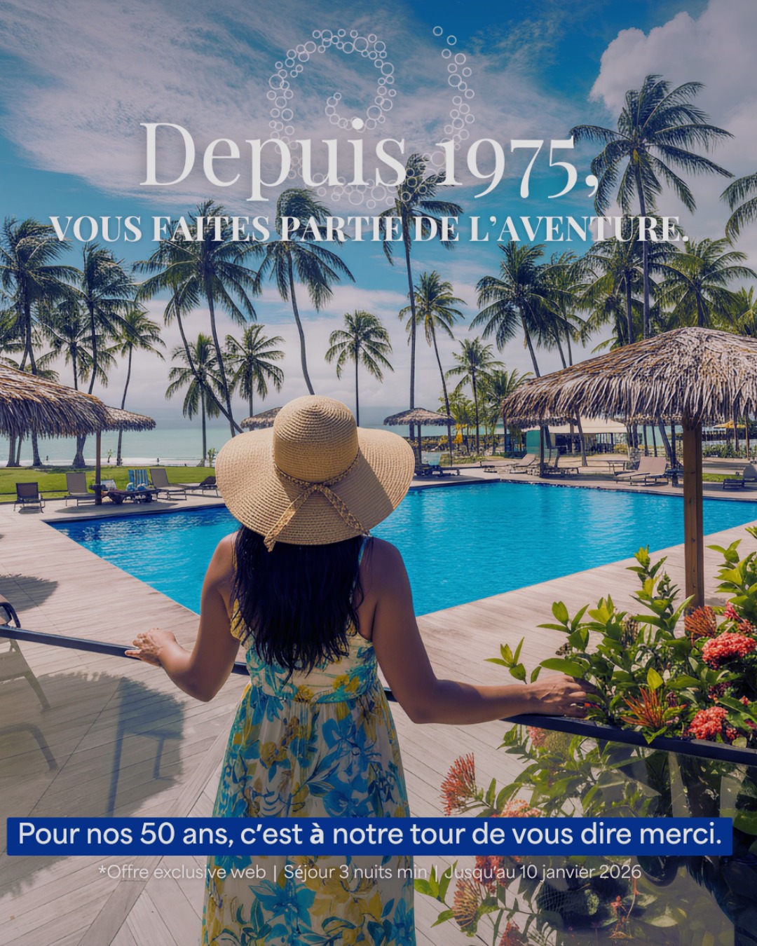 Le Fleur d’Épée célèbre ses 50 ans ! À cette occasion, profitez d’une offre exclusive sur notre site officiel ✨ Mais pas que !
🍹 Cocktail signature offert dès votre arrivée
🕒 Départ tardif inclus pour prolonger votre séjour
👕 T-shirt collector « 50 ans » offert
Offre valable en décembre et janvier • Réservation uniquement sur notre site* *Voir conditions générales