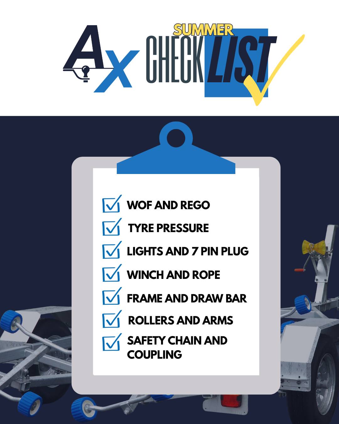 Before you head out, give these essentials a quick check.
A great summer doesn’t include sitting on the roadside because your boat trailer wasn’t ready to go!
#boattrailersnz #aakronxpresstrailer #boatingnz #trailerchecklist
