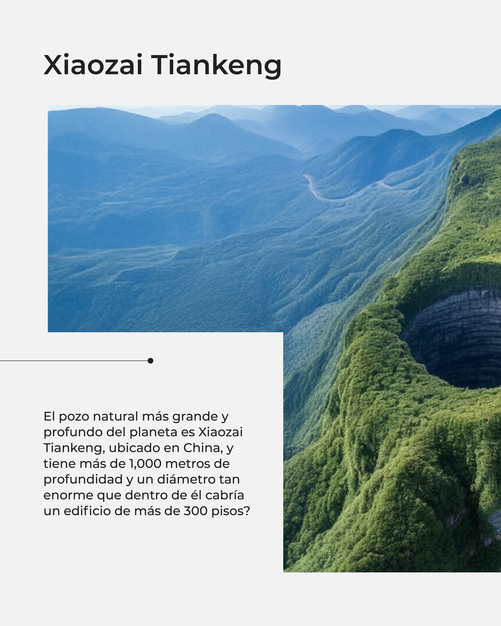 🌀 ¿Sabías que…?
El Xiaozai Tiankeng, en China, es considerado uno de los pozos naturales más grandes y profundos del planeta. 🌍
Con paredes casi verticales y una biodiversidad única en su interior, es un recordatorio de la escala y la precisión con la que la naturaleza también “diseña”. ⛰️✨
#parati #BIM #Historia #Inspiración #Arte #arquitectura