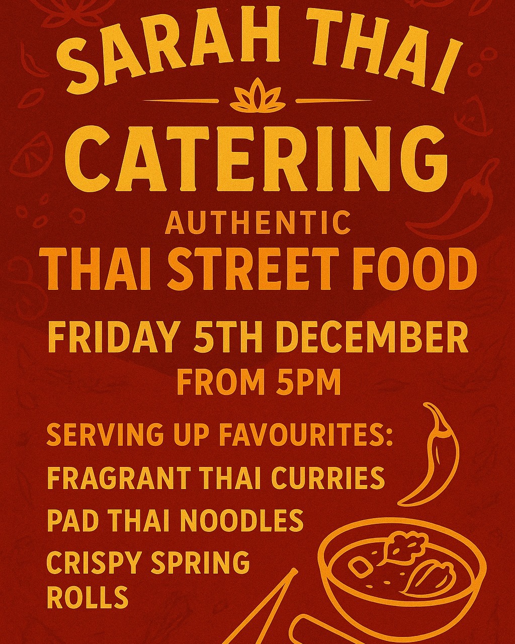Don't forget !! Tomorrow we have Sarah Thai Catering in from 5pm to serve their delicious food as well as the wonderful Charlie Greenwood to keep you entertained with some beautiful music. It will be a great night that we hope to see you there for