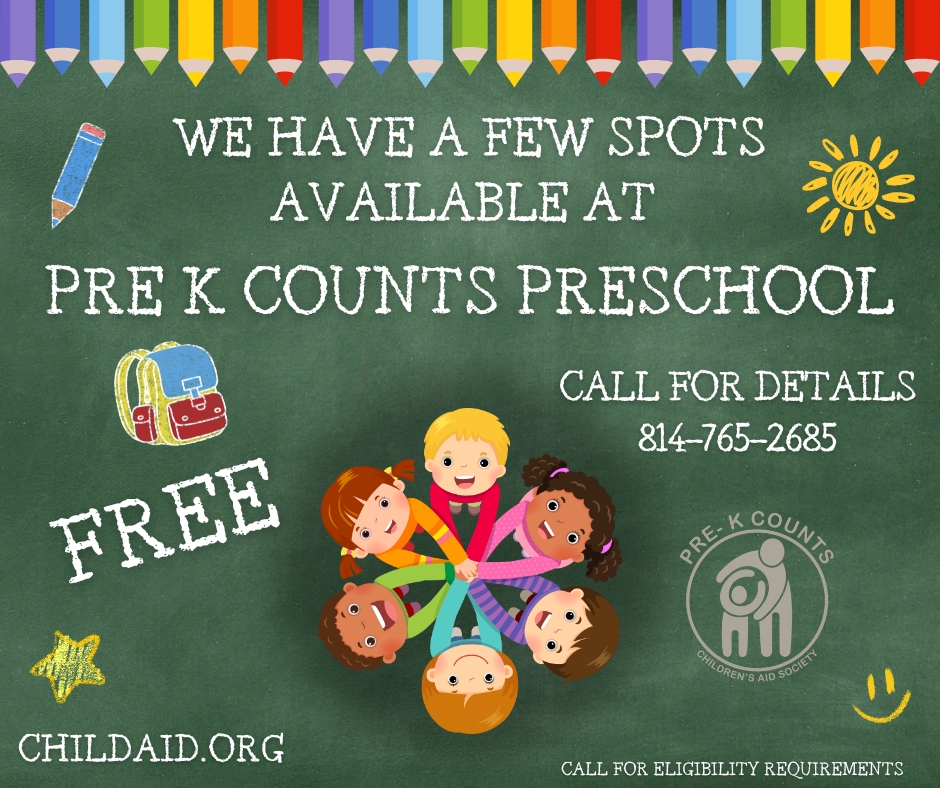 🍎 A Few Pre-K Spots Are Available! ✨
Give your child a strong start in a safe, nurturing environment where curiosity grows and learning feels like play. 🌟
Our Pre-K Preschool Program offers:
👩🏫 Caring, supportive teachers
🎨 Hands-on learning and creative activities
🤝 Opportunities to build friendships and confidence
📞 Call 814-765-2685 ext. 217 for eligibility details and to reserve your child’s spot — these openings won’t last!