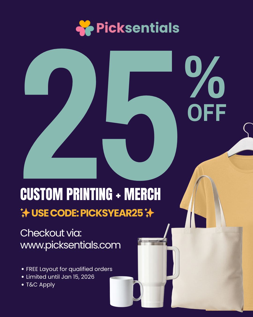 End the year with BIG savings!
Get 25% OFF on Custom Printing & Merch when you checkout on our website.
Use promo code: PICKSYEAR25
Plus - enjoy FREE layout for qualified orders!
www.picksentials.com
#Picksentials #YearEndPromo #CustomMerch #PrintingDeals
#picksentials #yearendpromo