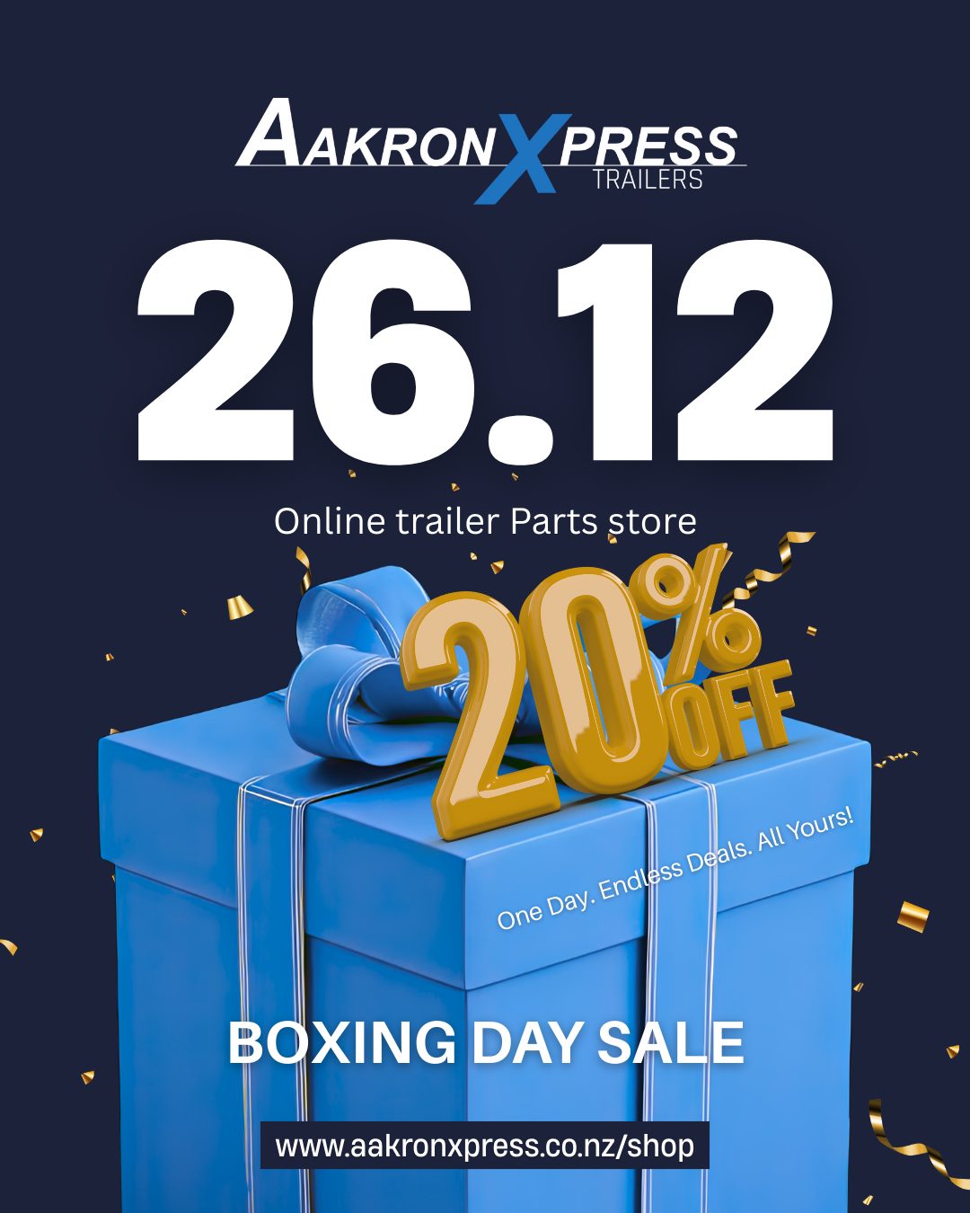 ONE DAY ONLY – Boxing Day Special!
Get your trailer summer-ready with great deals on a wide range of trailer parts today. It’s the perfect time to get everything sorted and back on the road.
Click & Collect available from Monday.
Visit - www.aakronxpress.co.nz/shop
Excludes boat trailers, boats, and outboards.
#boxingdaysale #nz #boatingnz #nztrailers