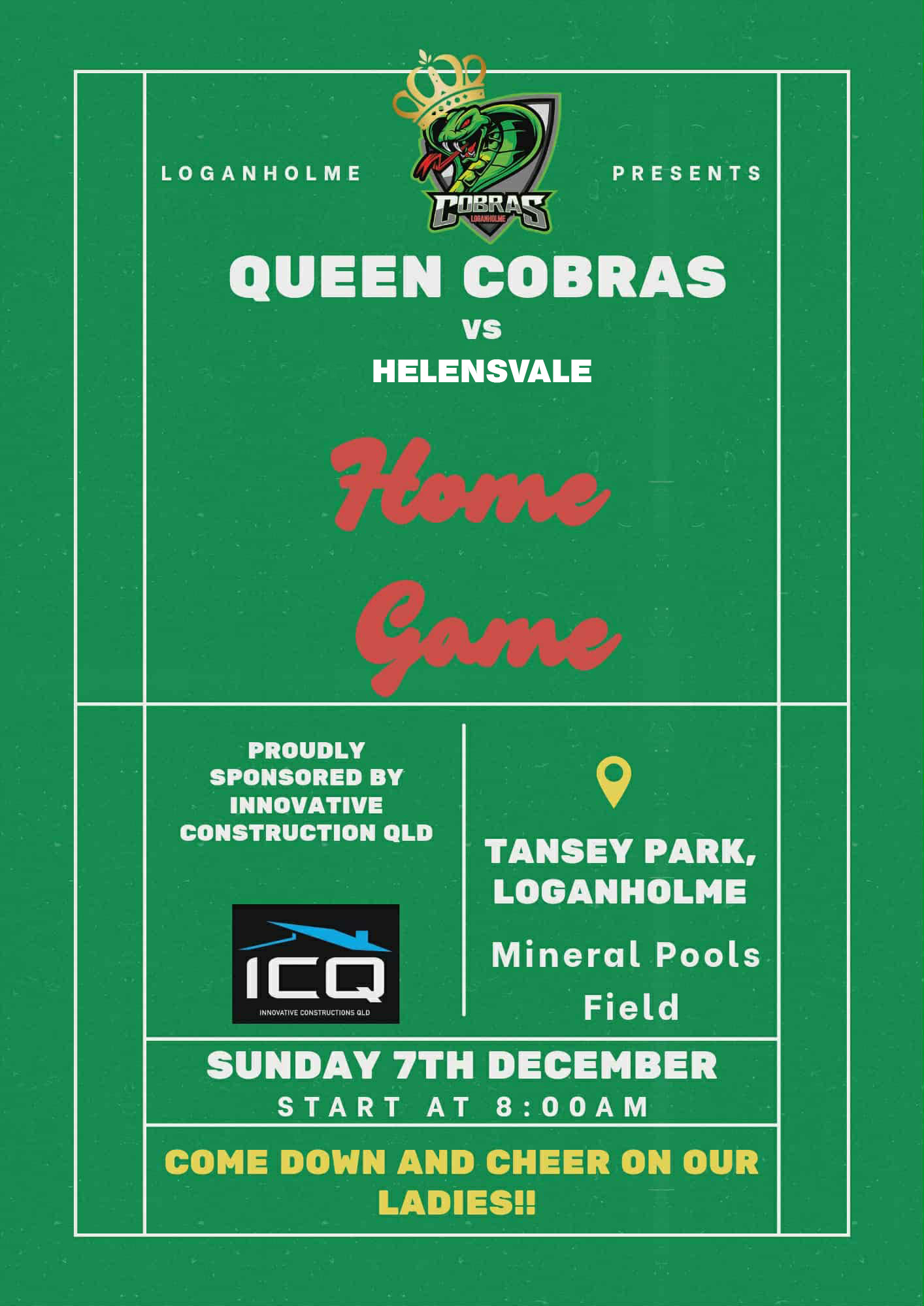 🎬 Take 2!
After the disappointment of having their first home game washed out a few weeks back, the Queen Cobras are back in action and looking to re-launch their season this Sunday 7th December in their first home game VS Helensvale!
Come down to @mineralpoolsqld Oval at Tansey Park this Sunday to catch all the action live and support the lovely ladies of Loganholme!
Go Cobras 🐍🐍🐍