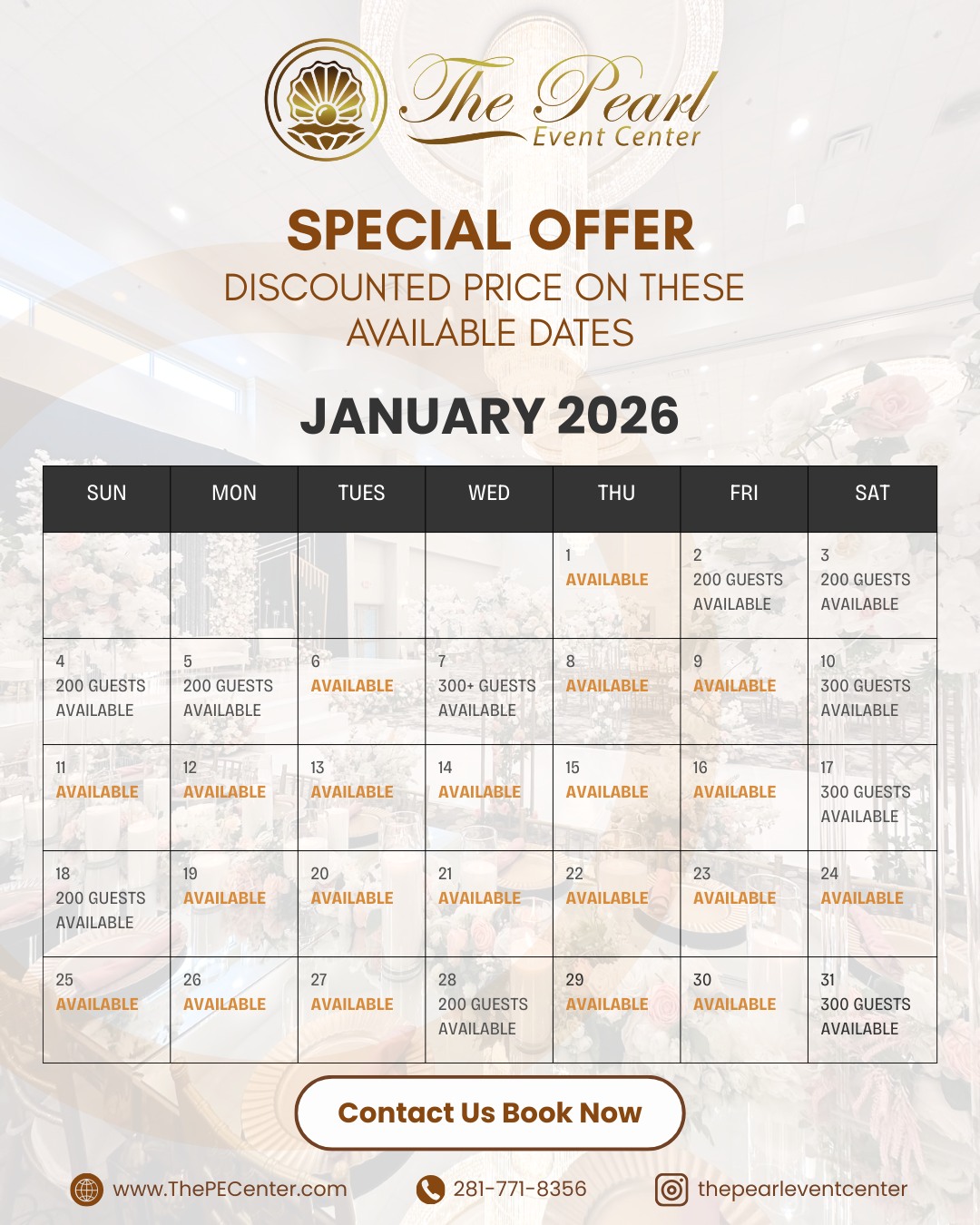 Start the new year by hosting your event in a stunning venue — The Pearl Event Center still has several beautiful dates available this January!
Whether you're planning:
✨ A wedding
✨ A quinceañera
✨ A corporate kickoff
✨ A baby shower
✨ A community celebration…
We’re here to bring your vision to life.
🌟 Last-minute deals and special rates available for both December & January!
📞 Call 281-815-0923 to secure your date today.
📍 Located in Webster, Houston,
🌐 www.ThePECenter.com
📲 Follow us @thepearleventcenter
#PearlEventCenter #HoustonVenue #JanuaryEvents #NowBooking #SpecialRates #EventDeals #BookYourDate #HoustonWeddings #EventSpace