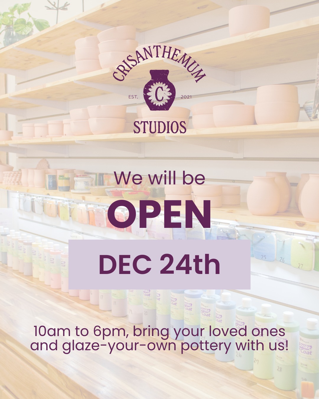 Looking for a magical way to spend Christmas Eve?✨🎄 Create something special together at the studio— make it a new tradition!
Bring your family, your friends, or come solo for some peaceful creative time. Pick your favorite piece, choose your glaze colors, and enjoy a cozy, joy-filled experience before the big day.❤️
Because the best gifts aren’t always wrapped — sometimes they’re the moments we make together. 💫
📍126 W Main St, Pilot Mountain, NC
OPEN HOURS:
Tuesday the 23rd, 4PM-8PM
Christmas Eve, 10AM–6PM
We will be closed December 25th through January 6th.
#CrisanthemumStudios #PilotMountainNC #HolidayActivities