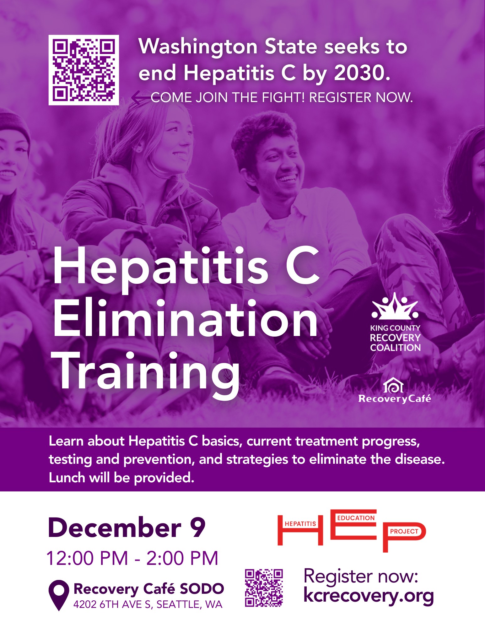 Join us on December 9 for a community training focused on understanding hepatitis C and what it takes to eliminate it in Washington. This session will cover the basics of hepatitis C, current treatment options, prevention strategies, and the progress being made statewide. Participants will also learn practical steps they can take in their roles to support individuals affected by hepatitis C.
This training is ideal for case managers, peer navigators, community health workers, social workers, and leaders from community-based organizations. Lunch will be provided.
December 9 | 12:00–2:00 PM | Recovery Café SODO
Hosted by King County Recovery Coalition, Recovery Café, and the Hepatitis Education Project.
Register here: https://www.kcrecovery.org/event-details/hepatitis-c-elimination-training