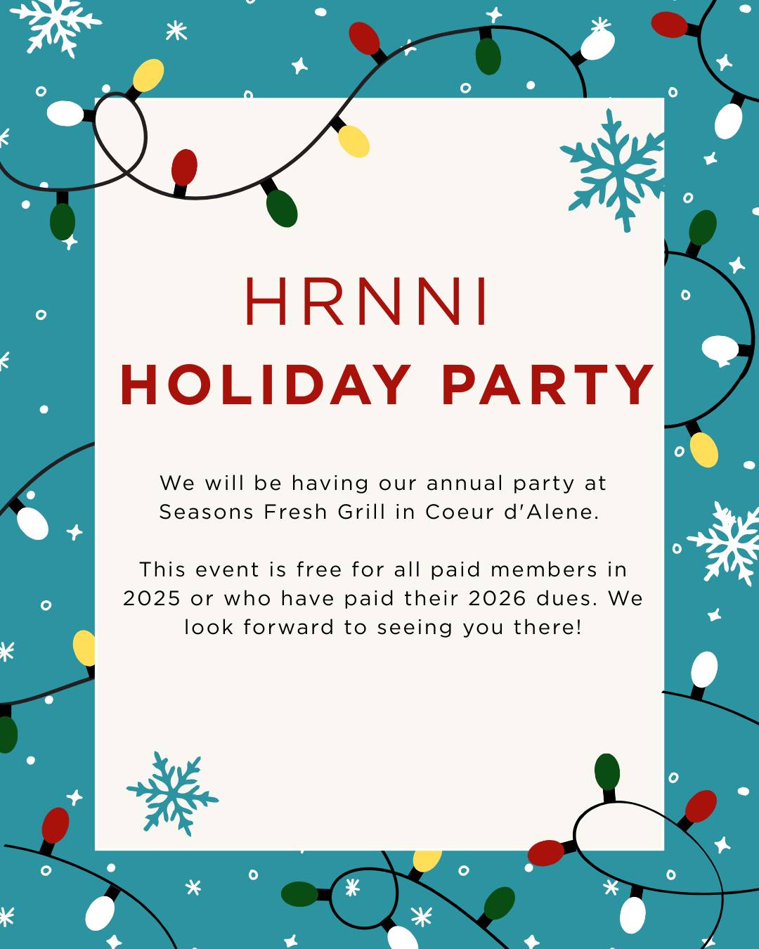 Join us for a festive celebration at Seasons Fresh Grill on December 17th from 5:00 to 6:30 PM! As a thank you for your membership, this event is free for our 2025 paid members and those who have already taken care of their 2026 dues. Bring along a guest for just $25! Enjoy fun games, delicious food, and the chance to win amazing prizes through our raffle. Let's toast to a fantastic year and an even brighter 2026!