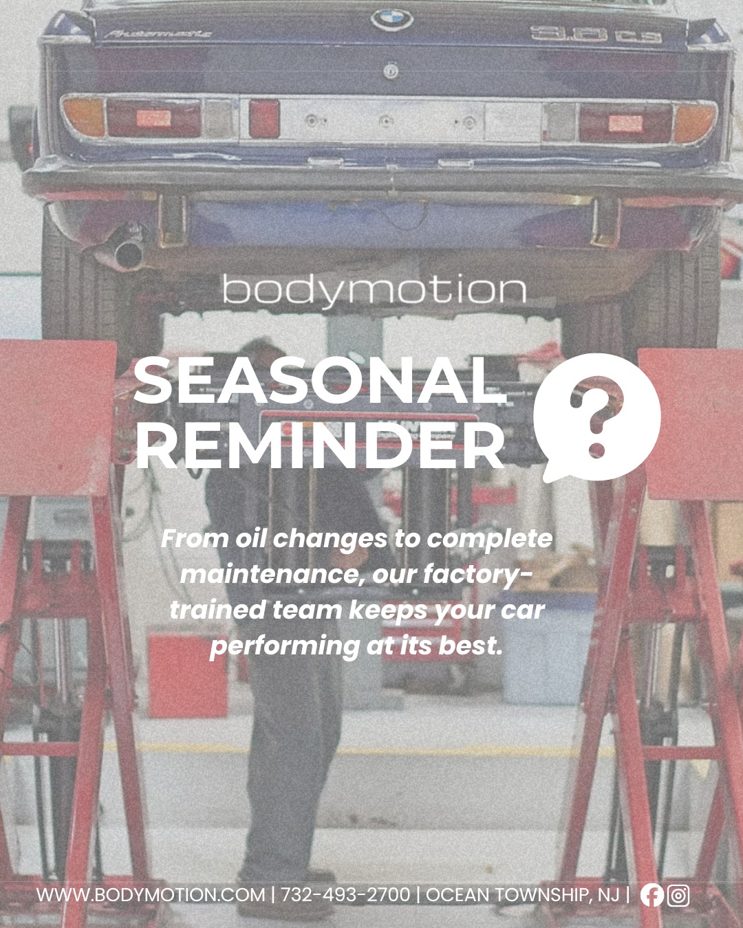 ❄Winter Vehicle Checklist ❄
Keep your car ready for cooler temps and longer drives with these seasonal musts:
✅ Check tire tread & pressure
✅ Inspect brakes & suspension
✅ Test your battery
✅ Replace wipers & top off fluids
✅ Check heater & defroster
✅ Schedule your oil change
Drive confidently into Winter — Bodymotion keeps you road-ready all season long. 🚗✨
Book Now: www.bodymotion.com
#Bodymotion #WinterCarCare #VehicleChecklist #AutoExperts #ExcellenceInMotion #CollisionRepair #MonmouthCountyNJ #TrustedTechnicians #CarCareTips #SeasonalService #Decembercars