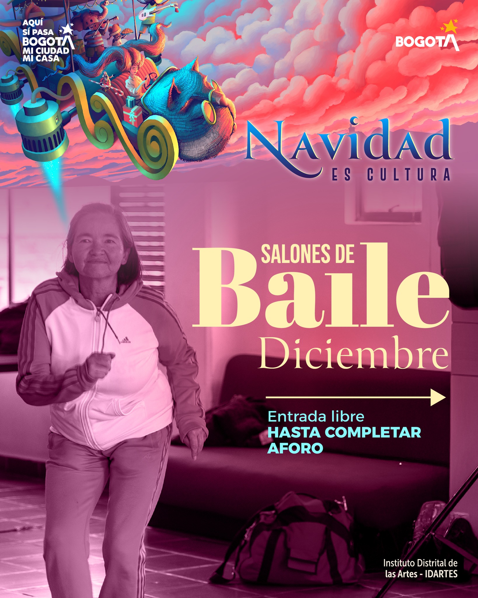 💃🕺 Conozca la programación de diciembre de los #SalonesDeBaileIdartes
Idartes continúa activando sus salones, espacios en los que toda la ciudad puede disfrutar de bailes sociales en diversos géneros: tango, salsa, folclor andino y de las costas, twist, entre otros.
Estos salones buscan:
• 🌟 Promover espacios de esparcimiento, encuentro y disfrute del cuerpo en movimiento
• 🤝 Fomentar relaciones sociales y fortalecer el tejido comunitario
• 🌀 Activar habilidades motoras a través de la danza
• 💚 Impulsar el bienestar y la salud física y mental de los habitantes de Bogotá
🎟️ Entrada libre
📲 Consulte la programación deslizando el carrusel.
#AquíSíPasa #ArteParaEstarBien