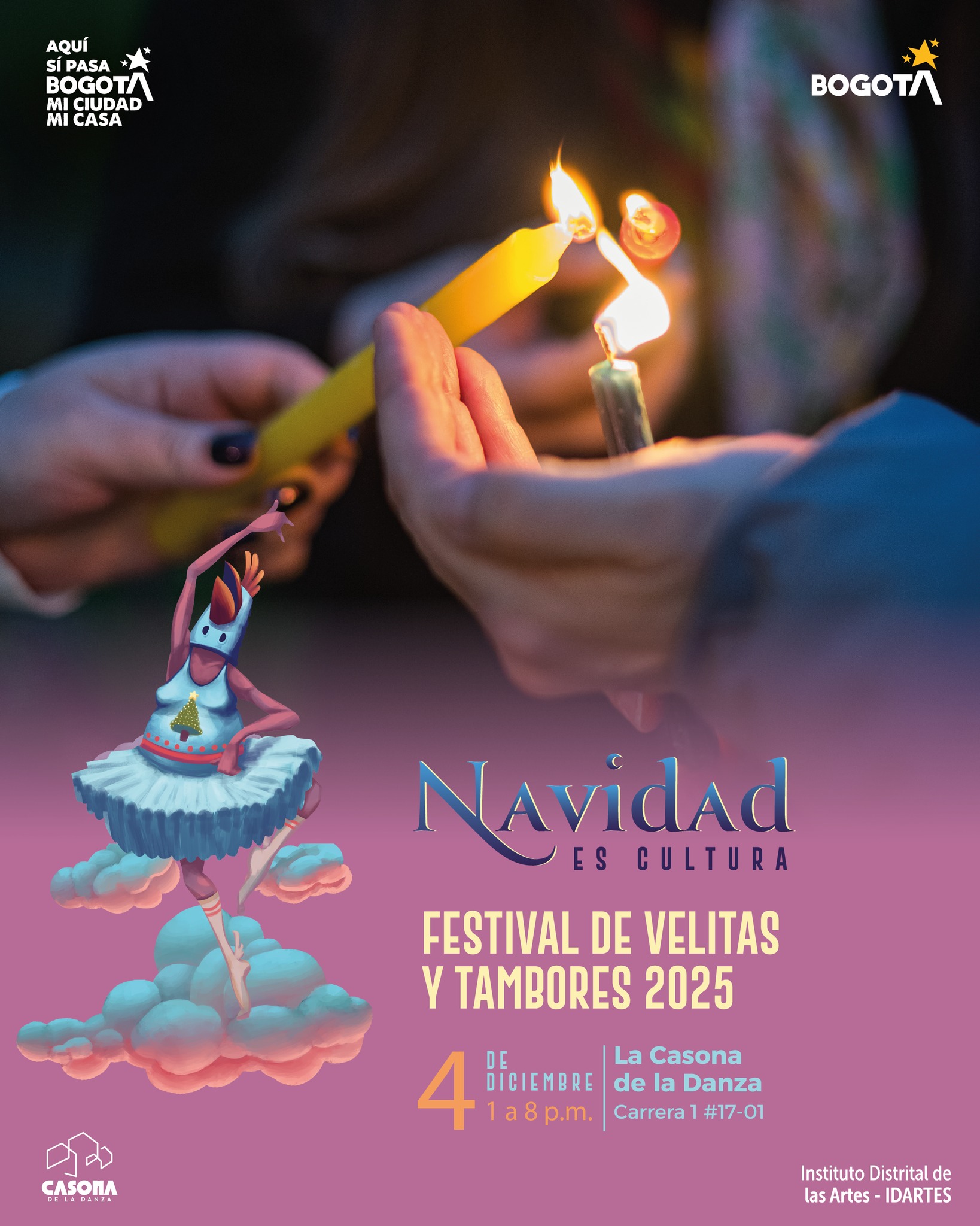 ✨🎄 La Casona de la Danza invita al V Festival de Velitas y Tambores 🎶🕯️
El jueves 4 de diciembre, de 1 a 7 p. m., La Casona de la Danza se ilumina para celebrar el V Festival de Velitas y Tambores, un encuentro para dar la bienvenida a la Navidad y despedir el 2025 con alegría, arte y comunidad.
Este festival es una oportunidad para disfrutar en familia de un recorrido artístico durante el cual la danza y los tambores se entrelazan para crear un ambiente lleno de magia, tradición y conexión colectiva. 🔥🥁
🌟 Participación especial de:
Oikal Dance, Juan Manuel Yepes, Lihaf Compañía, Ventris Danza, Arte sin Pausa, Jera Danza y el grupo de danza de la Universidad Nacional.
Una noche para encontrarse, crear y celebrar que #NavidadEsCultura2025.
📲 Inscríbete en el enlace en la bio
#AquíSíPasa