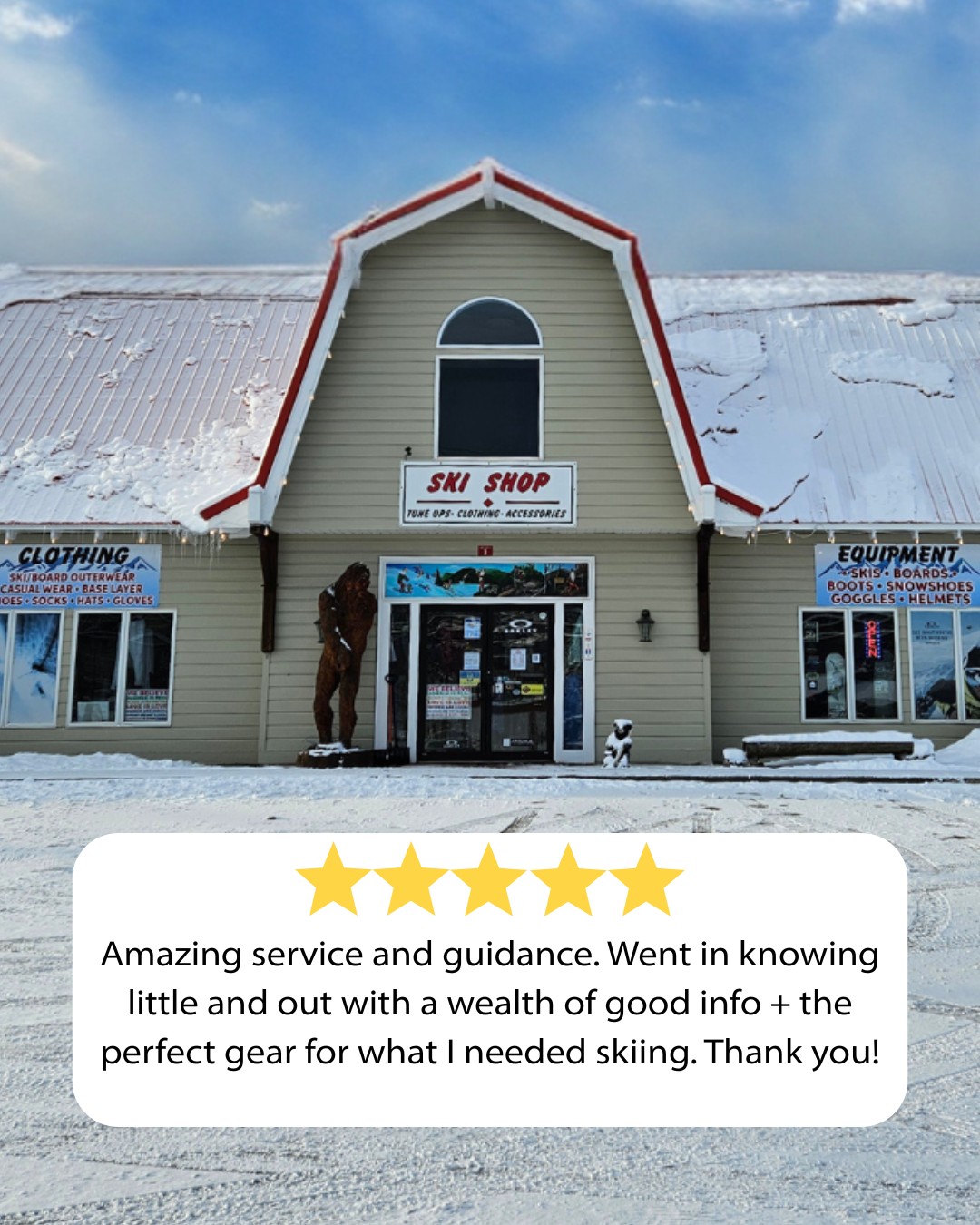 ⭐⭐⭐⭐⭐"Amazing service and guidance. Went in knowing little and out with a wealth of good info + the perfect gear for what I needed skiing. Thank you!"