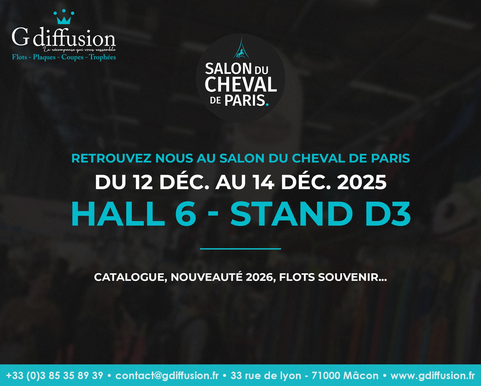 Retrouvez nous au Salon du Cheval de Paris Hall 6 - Stand D3 !
📅 Dates : du 12 déc. au 14 déc.
📍 Lieu : Paris Expo Porte de Versailles (Pavillon 4 & 6)
Venez découvrir :
✨ Nos nouveautés pour 2026
📘 Notre catalogue
🎀 Nos flots souvenir (paillettes, léopard...)
Nos plaques (Galva découpe laser, laquage, impression, vernis) et flots seront également mis à l’honneur lors des épreuves du Salon 🐴✨
On a hâte de vous accueillir ! 😄