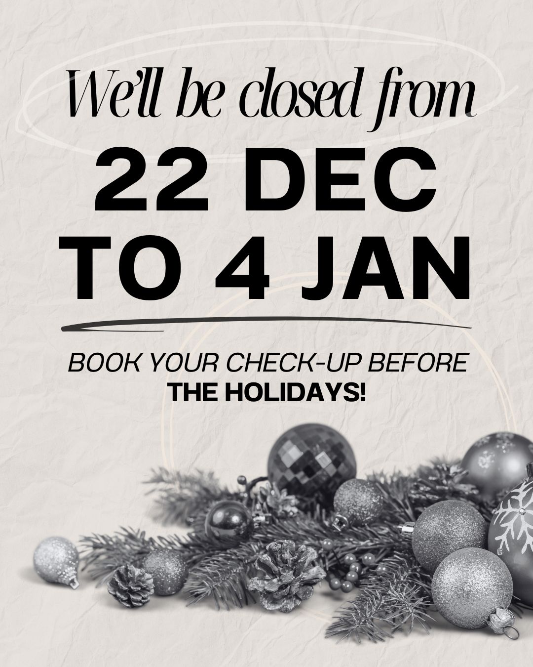 We’ll be taking a short break from 22 December 2025 to 4 January 2026 for the holidays. Make sure to schedule your appointment before the break to keep your smile in check. Wishing all our patients a joyful and healthy festive season!
📞 087 822 1959
🌐 www.drtooth.co.za
#dentist #capetown Town | #DrTooth #closurenotice #holidayseason | #teethcheckup