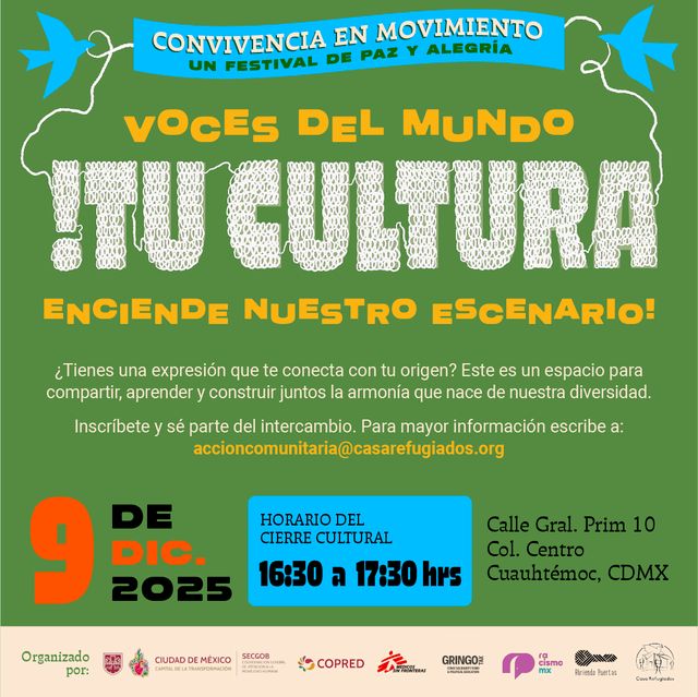 Voces del Mundo: ¡Tu cultura enciende nuestro escenario! 🌍🎶
¿Tienes una expresión que te conecta con tu origen? Este es un espacio para compartir, aprender y construir juntos la armonía que nace de nuestra diversidad.
En Convivencia en movimiento: Un festival de paz y alegría, celebramos la riqueza de cada cultura y la diversidad que nos define. Este es un espacio para re-significar el relato identitario y compartir las identidades personales que nos enriquecen. Música, danza, poesía... ¡Tu expresión cultural suma a la construcción de paz!
¡Inscríbete y sé parte del intercambio! Para mayor información escribe a: accioncomunitaria@casarefugiados.org
