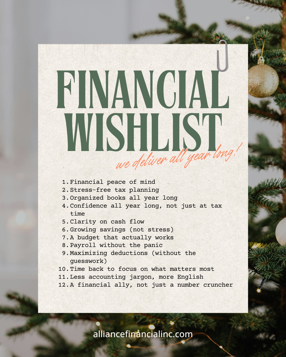 ✨📝 If financial peace of mind is on your wishlist this year, consider it handled.
From stress-free tax planning to organized books, smarter savings, and payroll without the panic — these are gifts we deliver long after the holidays are over.
Think of us as the financial partner who helps you breathe a little easier, stay a little more organized, and feel a whole lot more confident about the road ahead.
Ready to check a few things off your wishlist? Let’s talk!