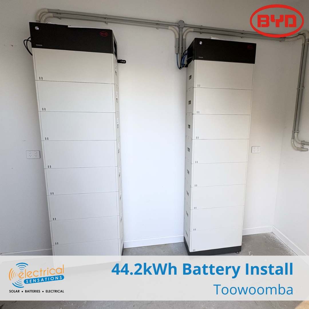 Another BYD battery installation completed for a Toowoomba home 🔋
This grid-connected home already had a 10 kW solar system, and we’ve now added 2 × BYD Premium batteries (22.1 kWh each, totalling 44.2 kWh) along with a Fronius Smart Energy Meter to enhance their existing setup.
With the added storage, the home can now make better use of its own solar energy and further reduce reliance on Ergon.