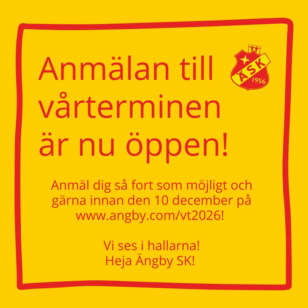 Det är dags att blicka framåt mot en ny termin med pingisglädje, gemenskap och utveckling!
Anmälan till VT 2026 är nu öppen, och vi hoppas att just du vill fortsätta (eller börja!) träna med oss.
För att vi ska hinna planera grupperna innan jul uppskattar vi om du anmäler dig senast 10 december.
All information och anmälan finns här: www.angby.com/vt2026
Vi ses i hallarna – heja Ängby SK! 🏓💛