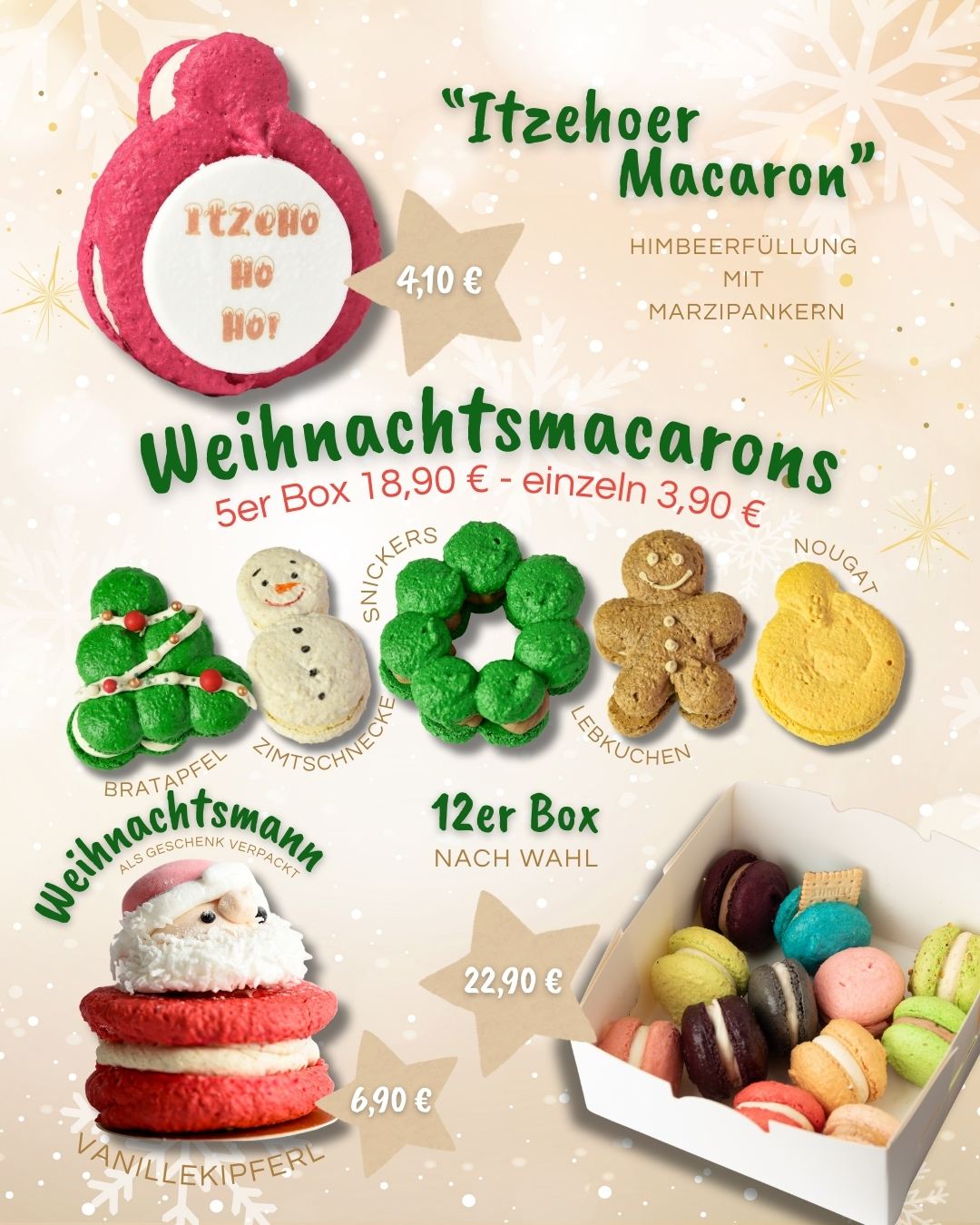 Auch im Dezember setzen wir auf besondere Genussmomente. ✨
Statt einer einzelnen Highlight-Box erwarten euch diesen Monat gleich mehrere saisonale Favoriten – alle handgemacht und geschmacklich klar auf Weihnachten ausgerichtet. 🎄🤍
Die Weihnachts-Macarons sind nicht nur optisch festlich, sondern schmecken auch genau so:
5er-Box – 18,90 €
Einzelstücke – 3,90 €
Sorten im Dezember:
🌲 Tannenbaum – Bratapfel
☃️ Schneemann – Zimtschnecke
🕯️ Adventskranz – Snickers
🍪 Lebkuchenmann – Lebkuchen
🎀 Christbaumkugel – Nougat
Dazu kommt der Weihnachtsmann-Macaron: unten Vanillekipferl, oben Marshmallow-Kopf – 6,90 €. 🎅✨
Und die 12er-Macaron-Box ist zurück - nach Wahl zusammengestellt – 22,90 €.
Und als zusätzliches Highlight im Dezember: der Itzehoer-Macaron mit Himbeere und Marzipankern, weihnachtlich dekoriert. ❤️
Außerdem gibt es eine Auswahl an Weihnachtspralinen in verschiedenen Sorten – als 6er- oder 16er-Box individuell kombinierbar. 🍫🎁
Eure Julia ❤️
#weihnachtsmacarons #patisserie #handgemacht #konditorei #macaronliebe #weihnachtszeit #genussmomente #smallbusiness #weihnachtspralinen #limitededition #itzehoe #supportlocal #süßesgenießen #itsacake #heiligenstedten