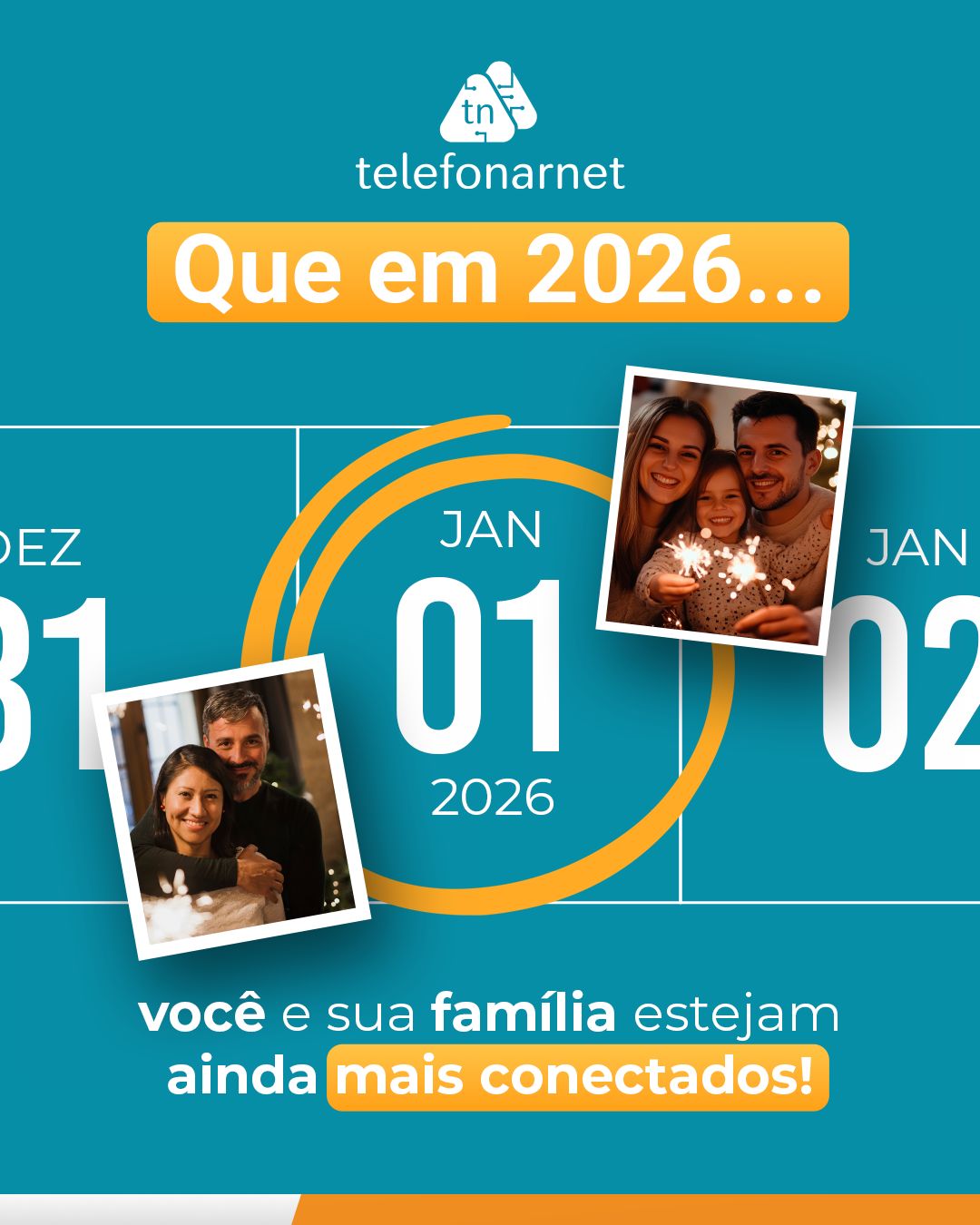 Ainda é 2025, mas a gente já tá aqui enviando a melhor energia pra sua virada! ✨💙
Que 2026 chegue leve, cheio de boas histórias, encontros especiais e muita conexão de verdade.
A Telefonar deseja um ano novo com mais momentos juntos, mais risadas compartilhadas e uma internet que acompanha tudo isso sem travar.
Feliz 2026! Que seja ainda mais conectado pra você e sua família!