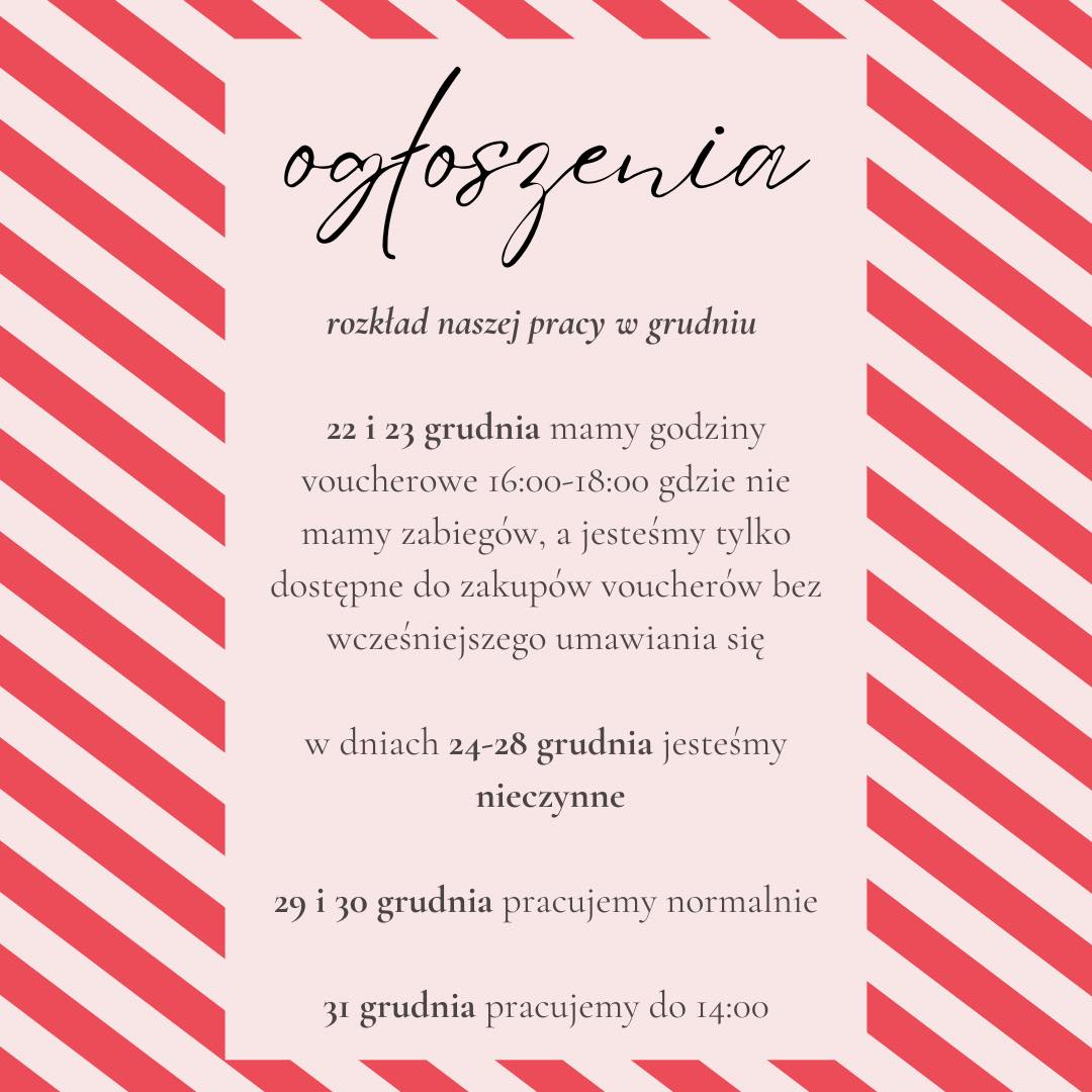 Dzień dobry, poniżej rozkład jazdy na grudzień 🎄 prosimy o zapoznanie się z dostępnymi terminami i dniami, w których nie pracujemy 🌲❤️❤️ przypominamy także, o naszym poście dotyczącym voucherów prezentowych🎁